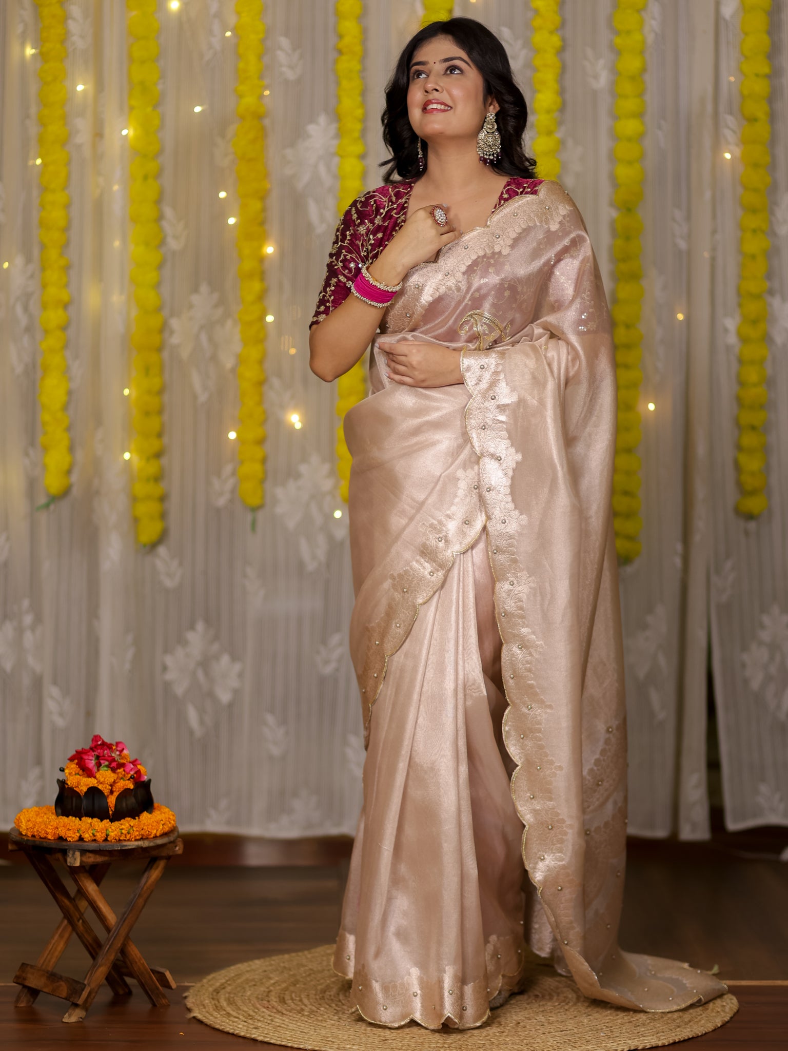 Banarasi Tissue Saree With Scallop Border - Beige