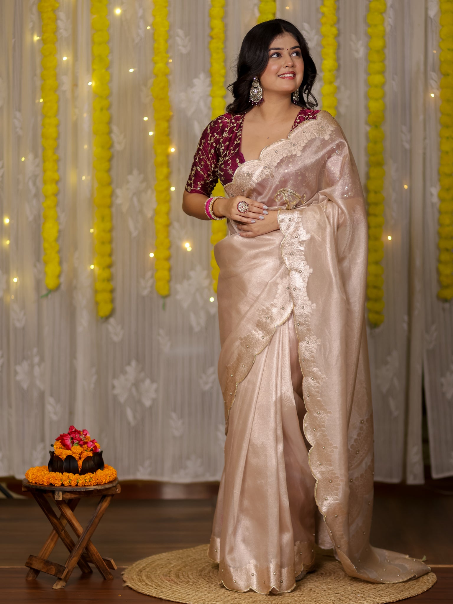 Banarasi Tissue Saree With Scallop Border - Beige