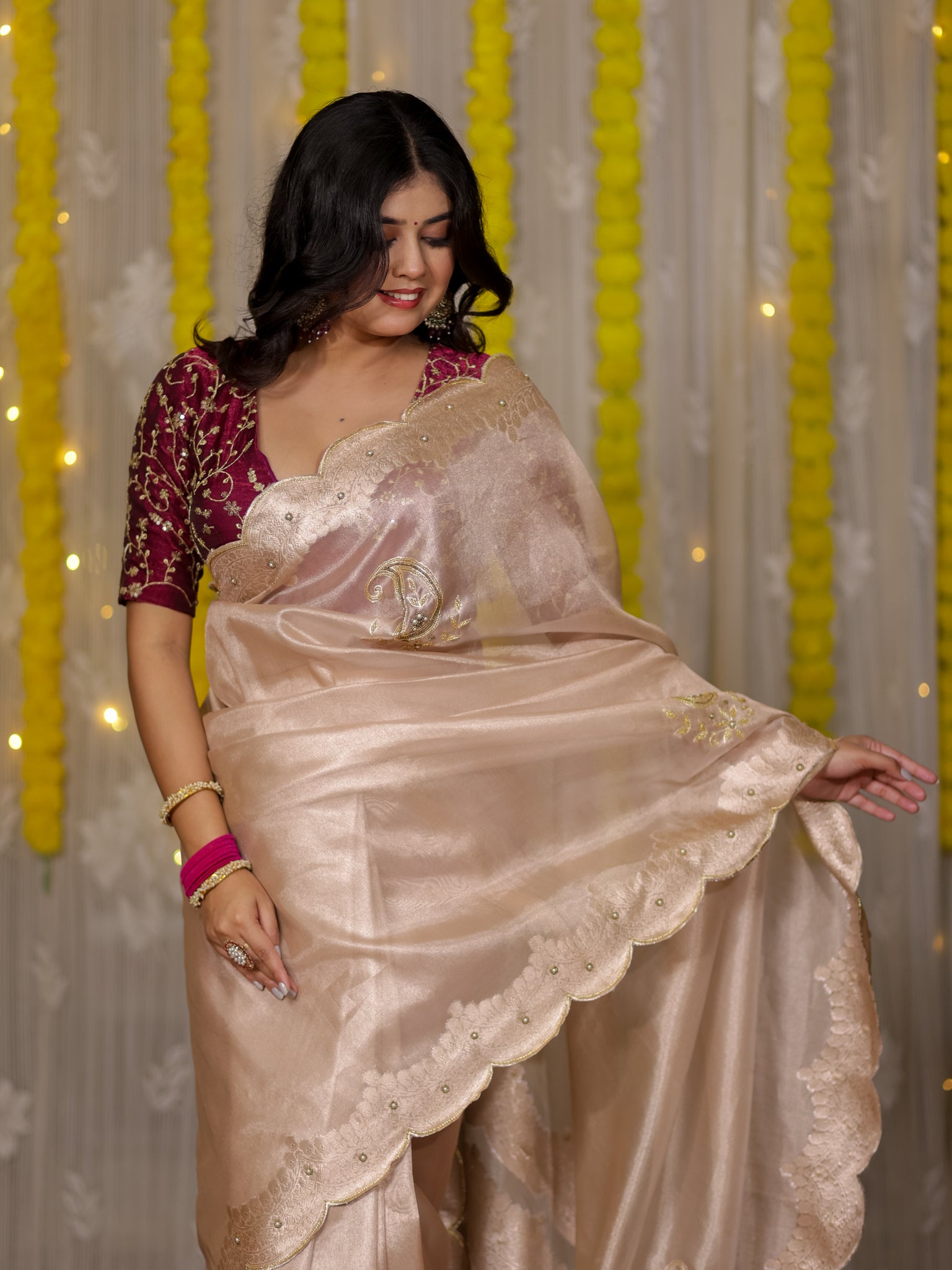 Banarasi Tissue Saree With Scallop Border - Beige