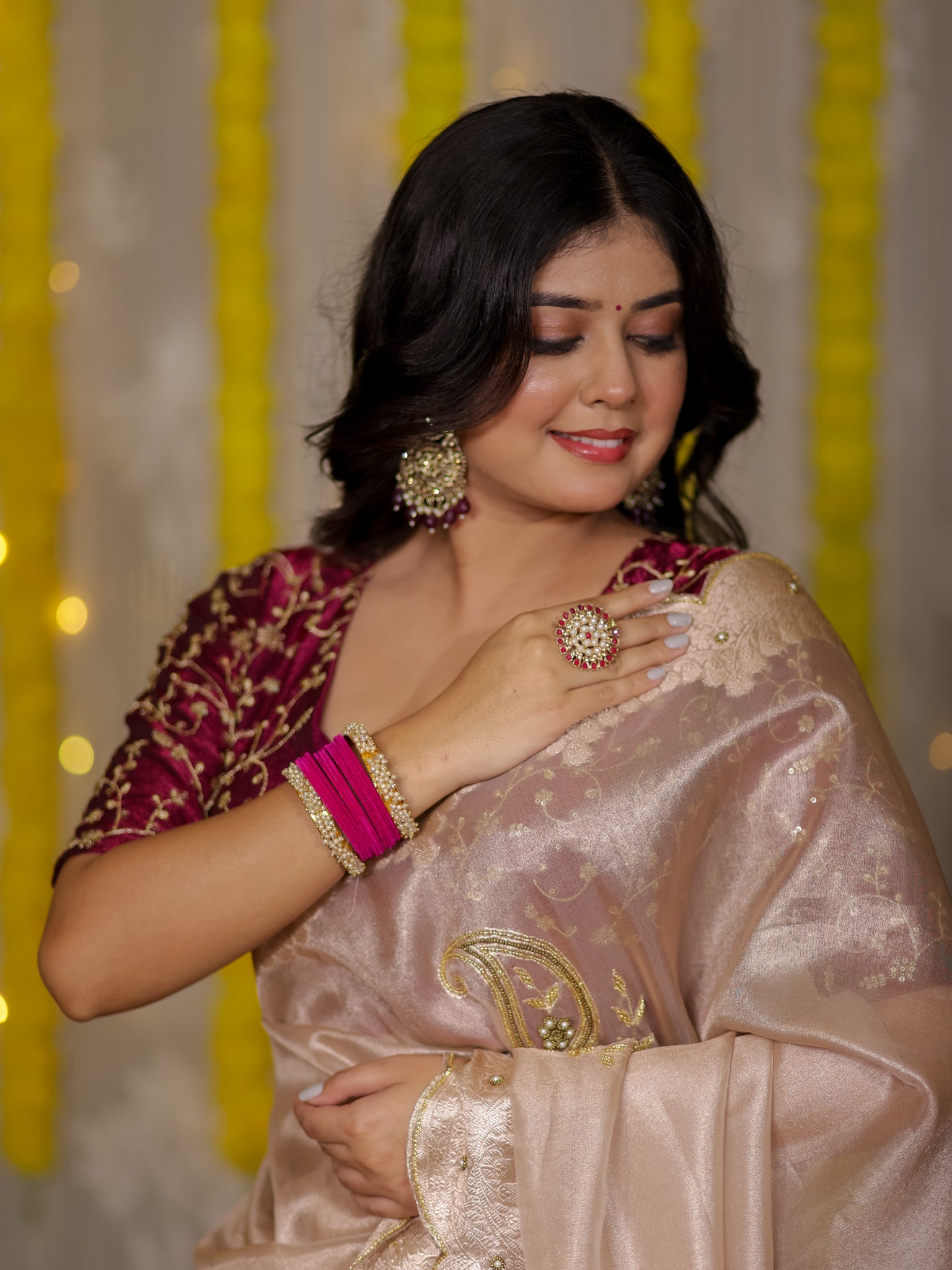 Banarasi Tissue Saree With Scallop Border - Beige