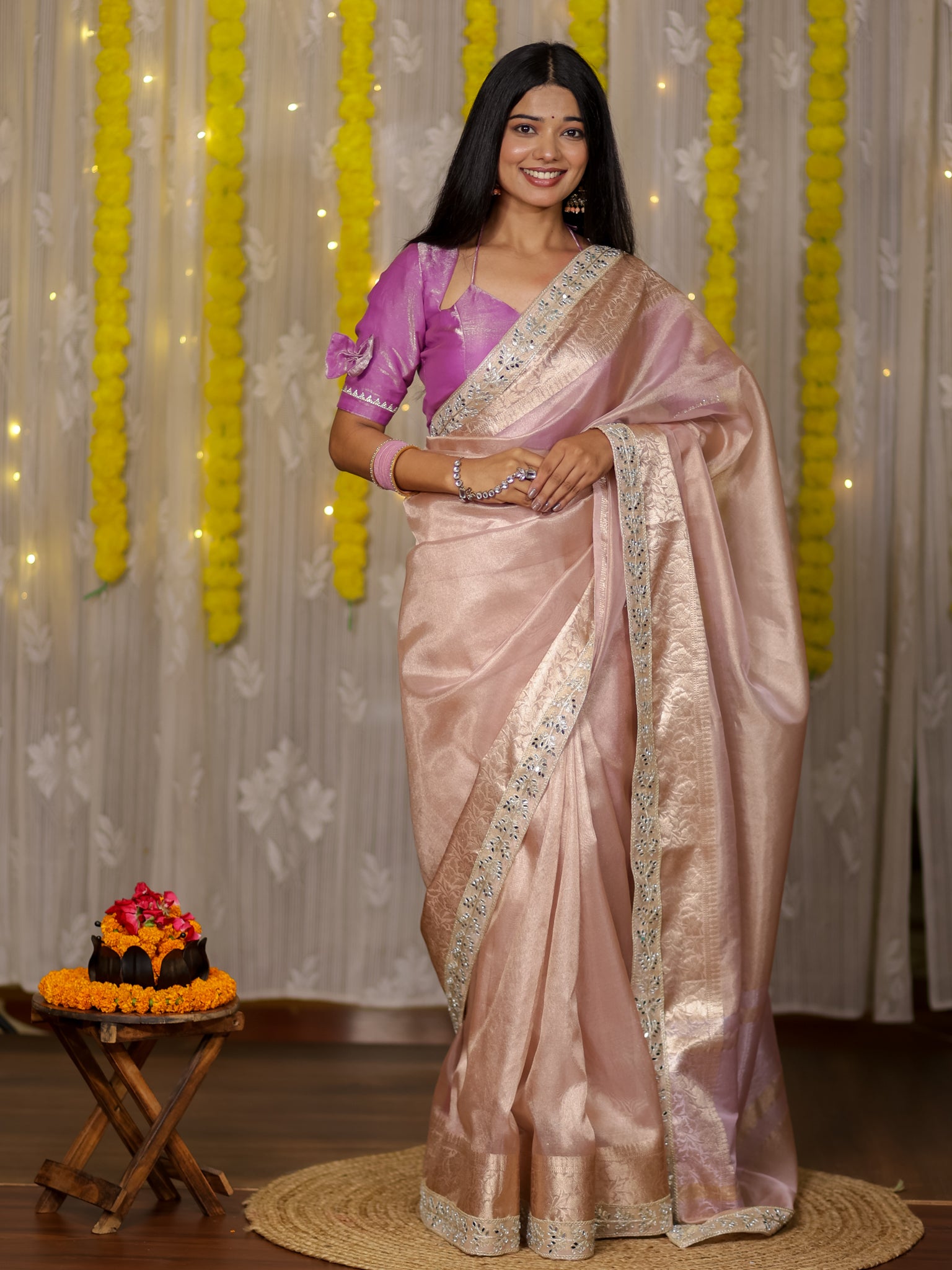 Banarasi Tissue Saree With Lace Border - Lavender
