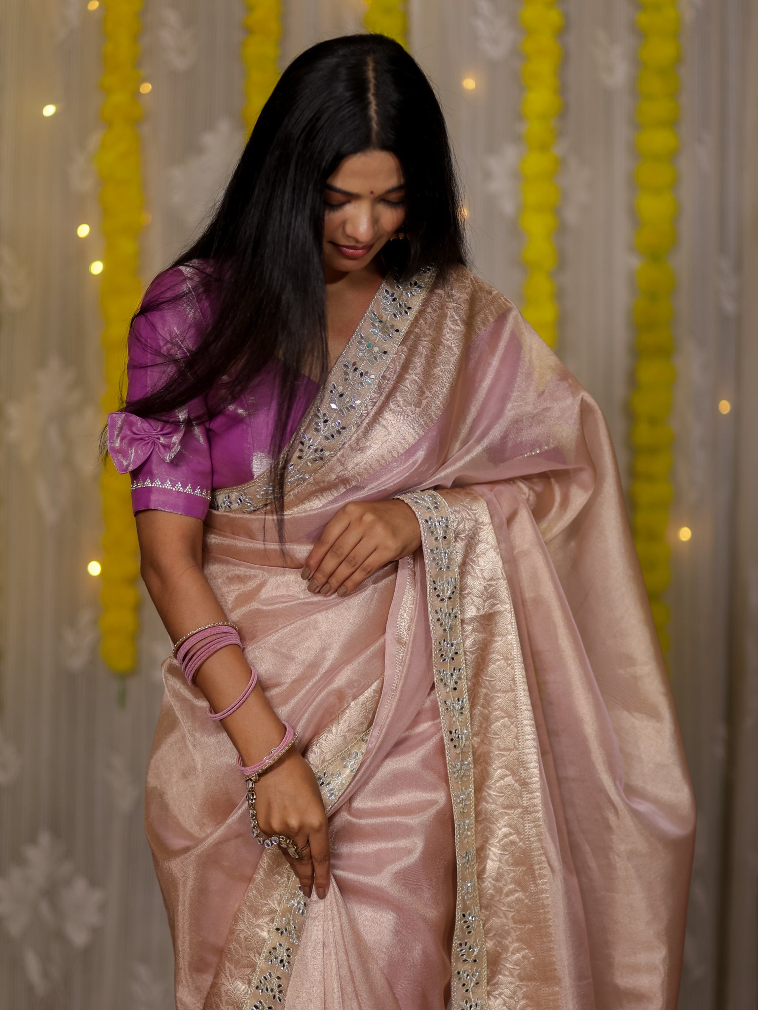 Banarasi Tissue Saree With Lace Border - Lavender
