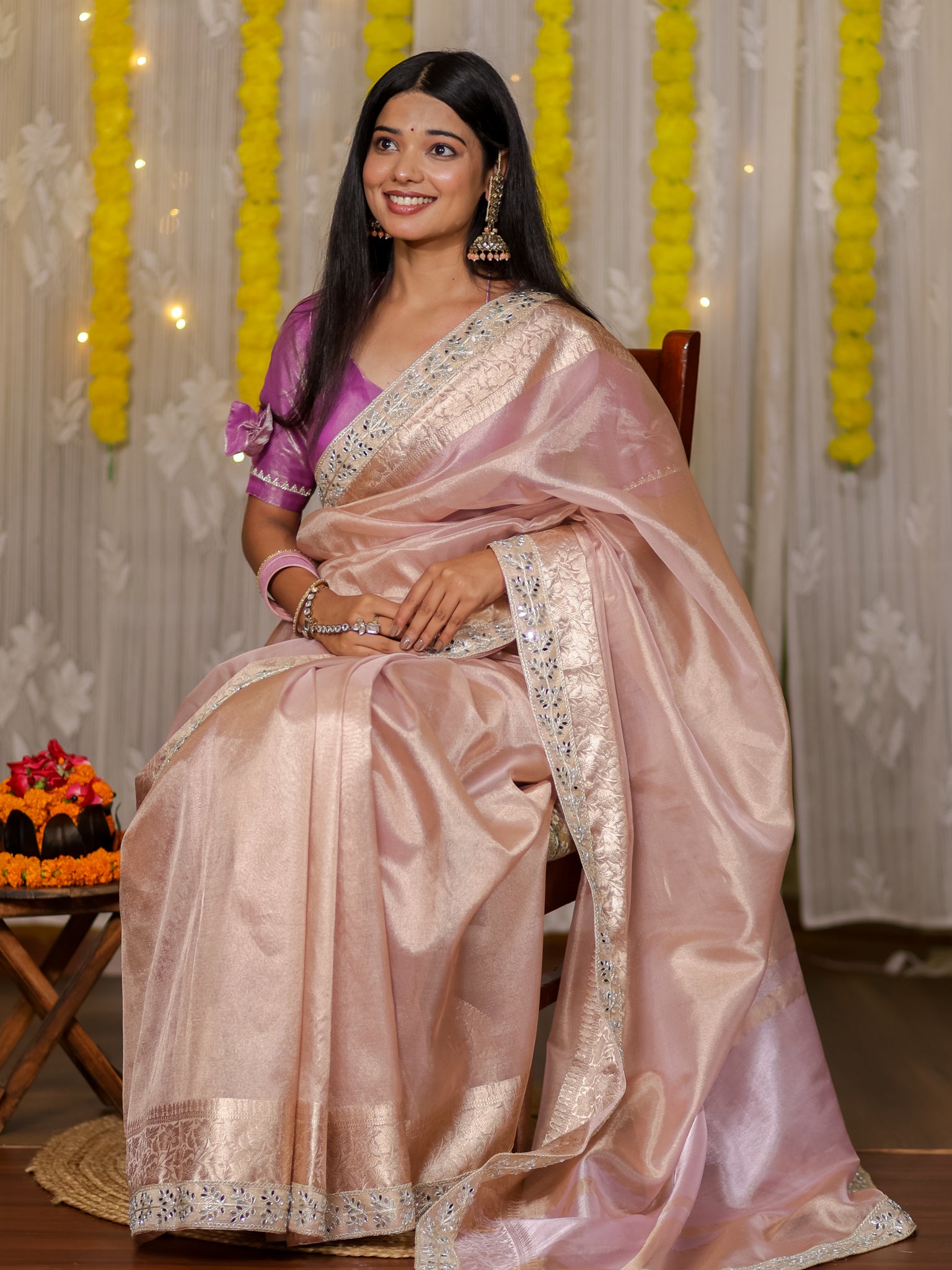 Banarasi Tissue Saree With Lace Border - Lavender