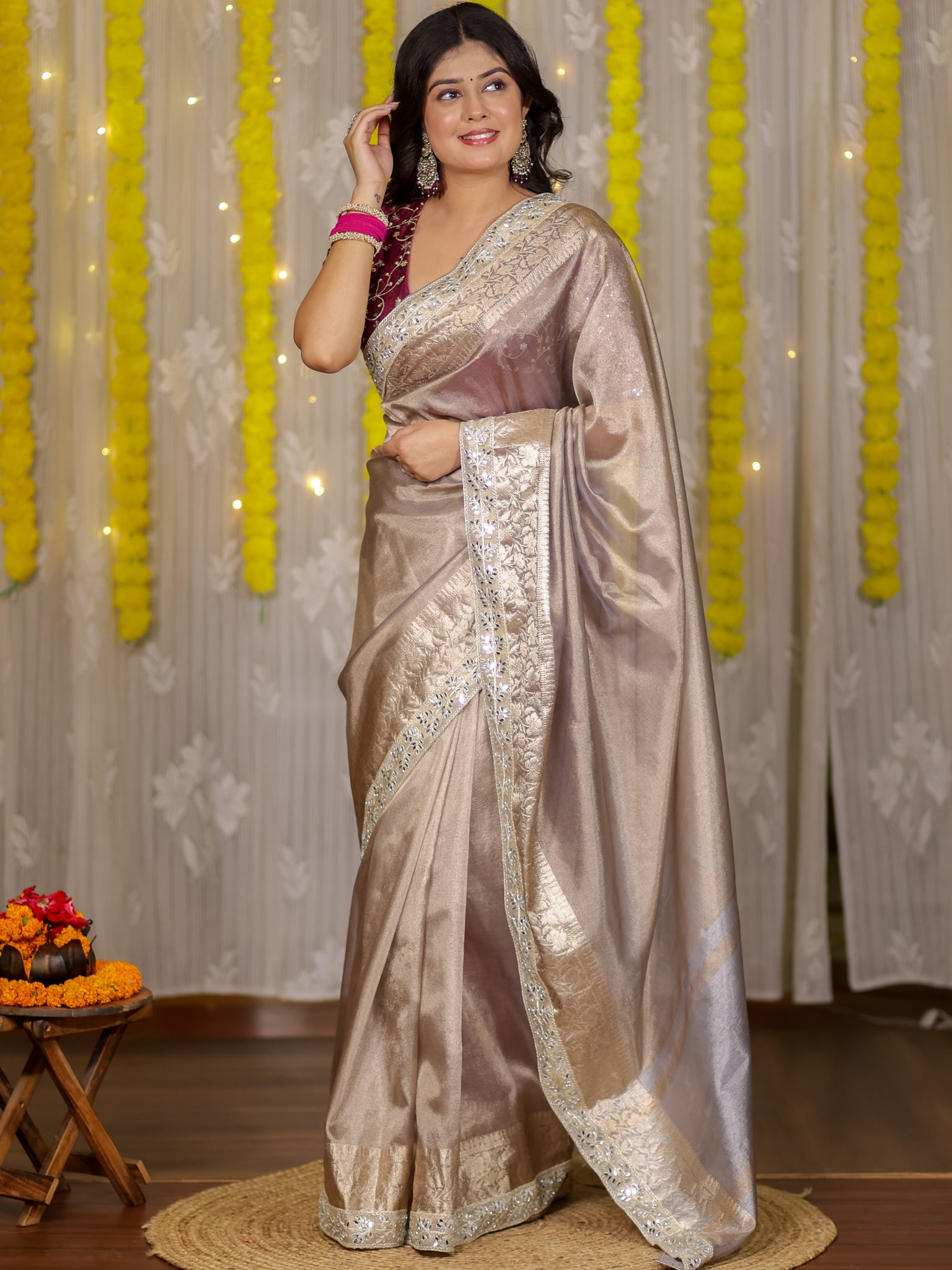 Banarasi Tissue Saree With Lace Border - Grey