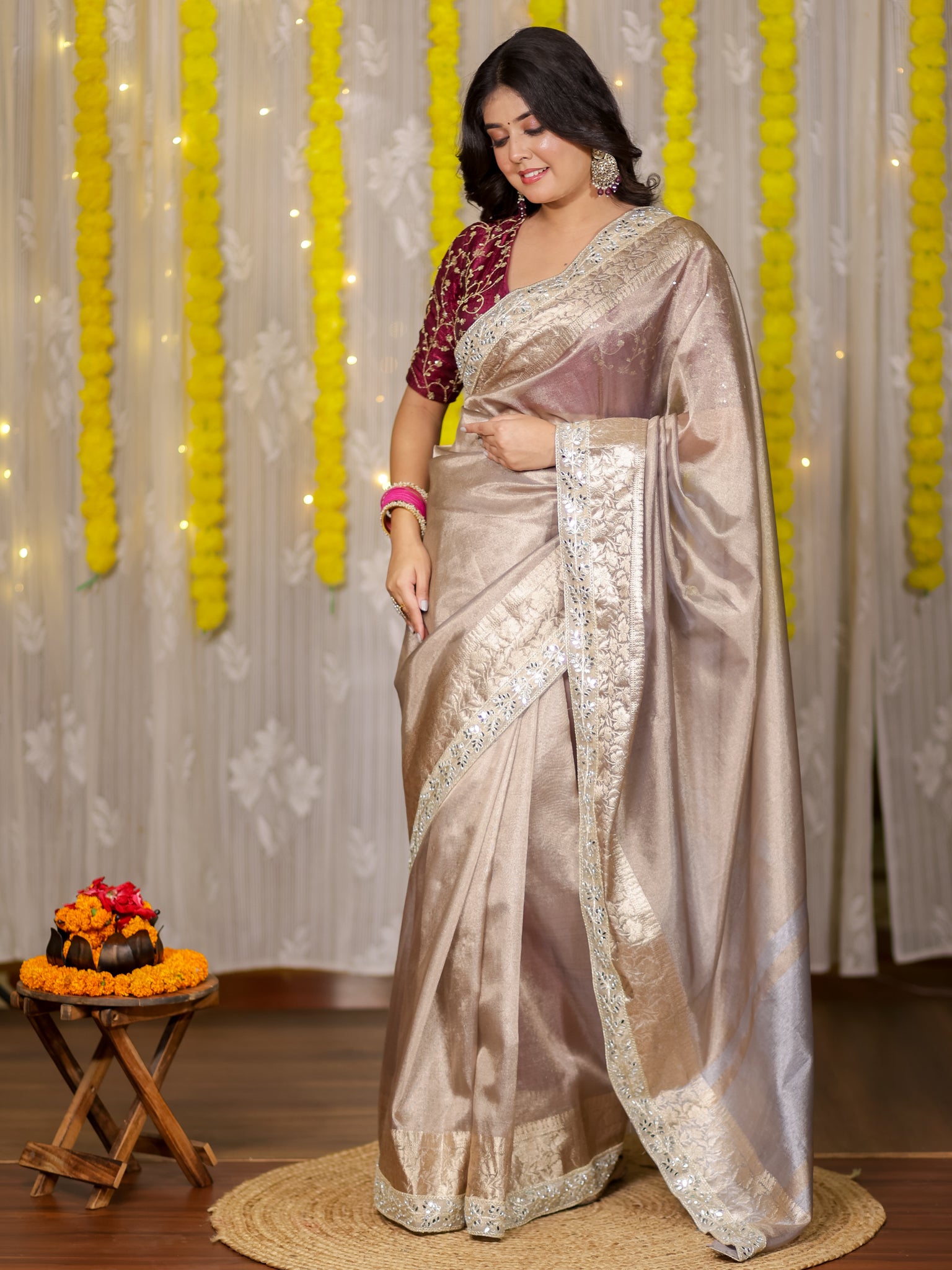 Banarasi Tissue Saree With Lace Border - Grey