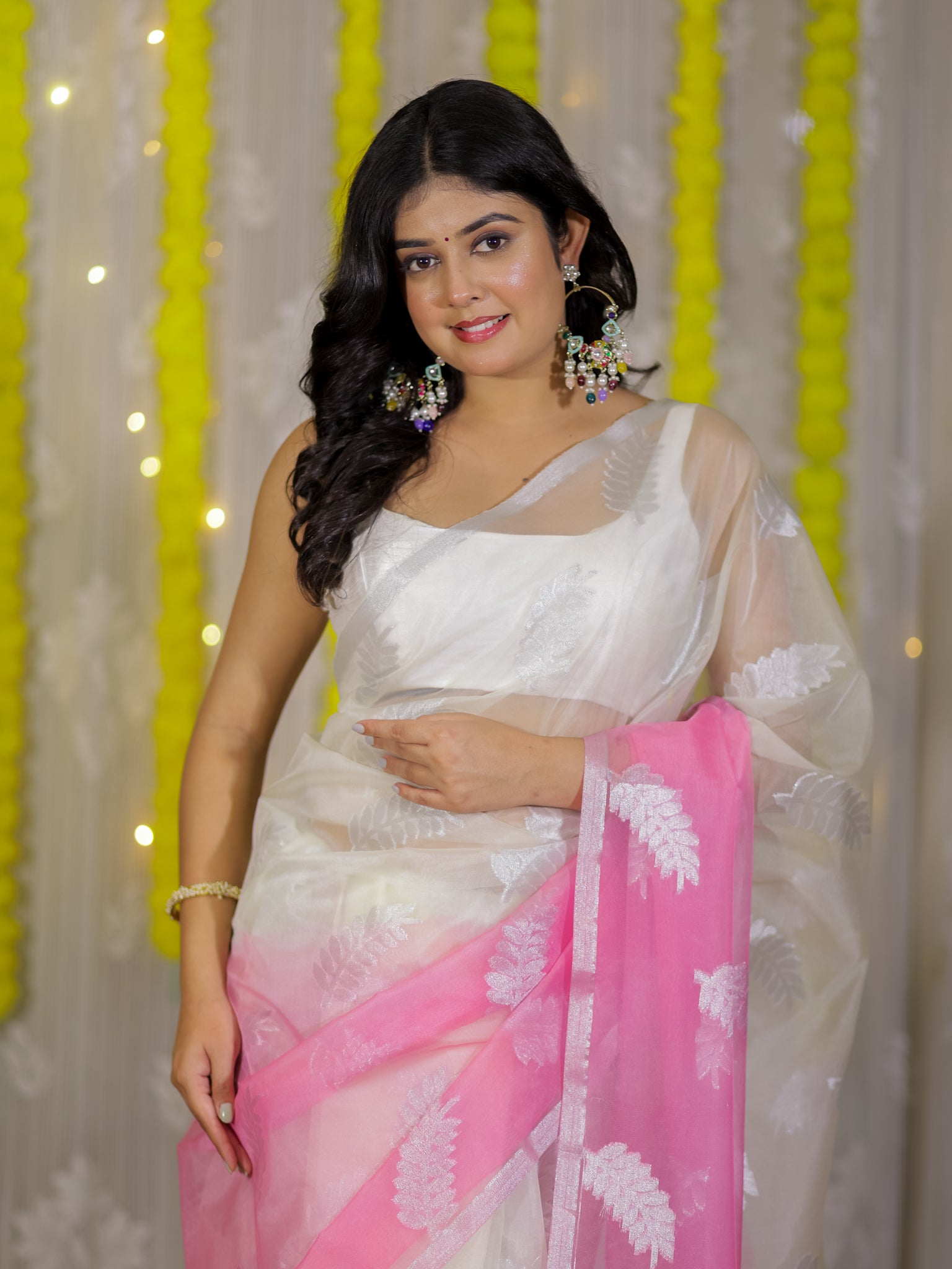 Banarasi Organza Dual Shade Saree With Zari Border- Pink & White