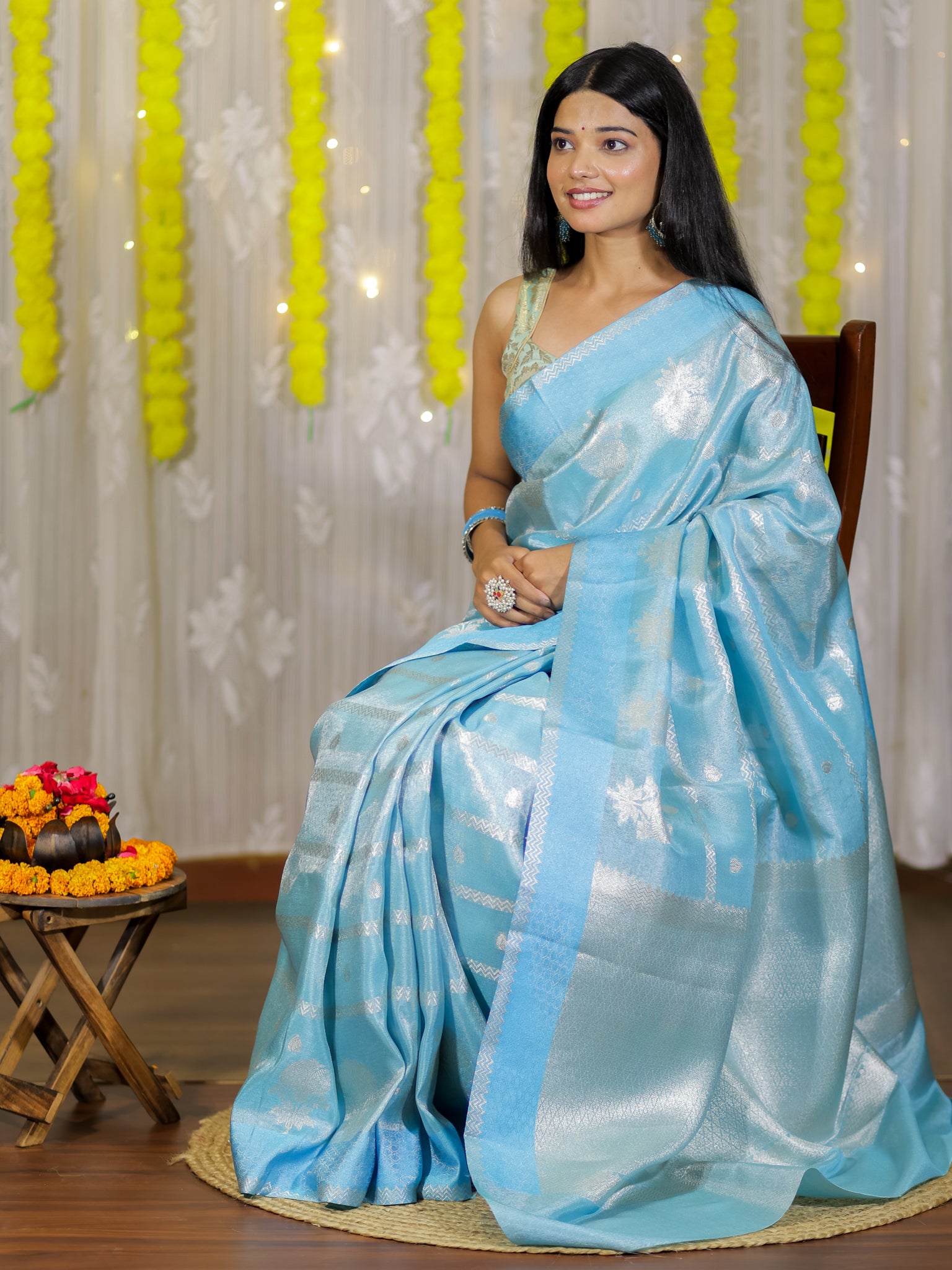 Banarasi Soft Tissue Saree With Weaving & Border - Aqua Blue