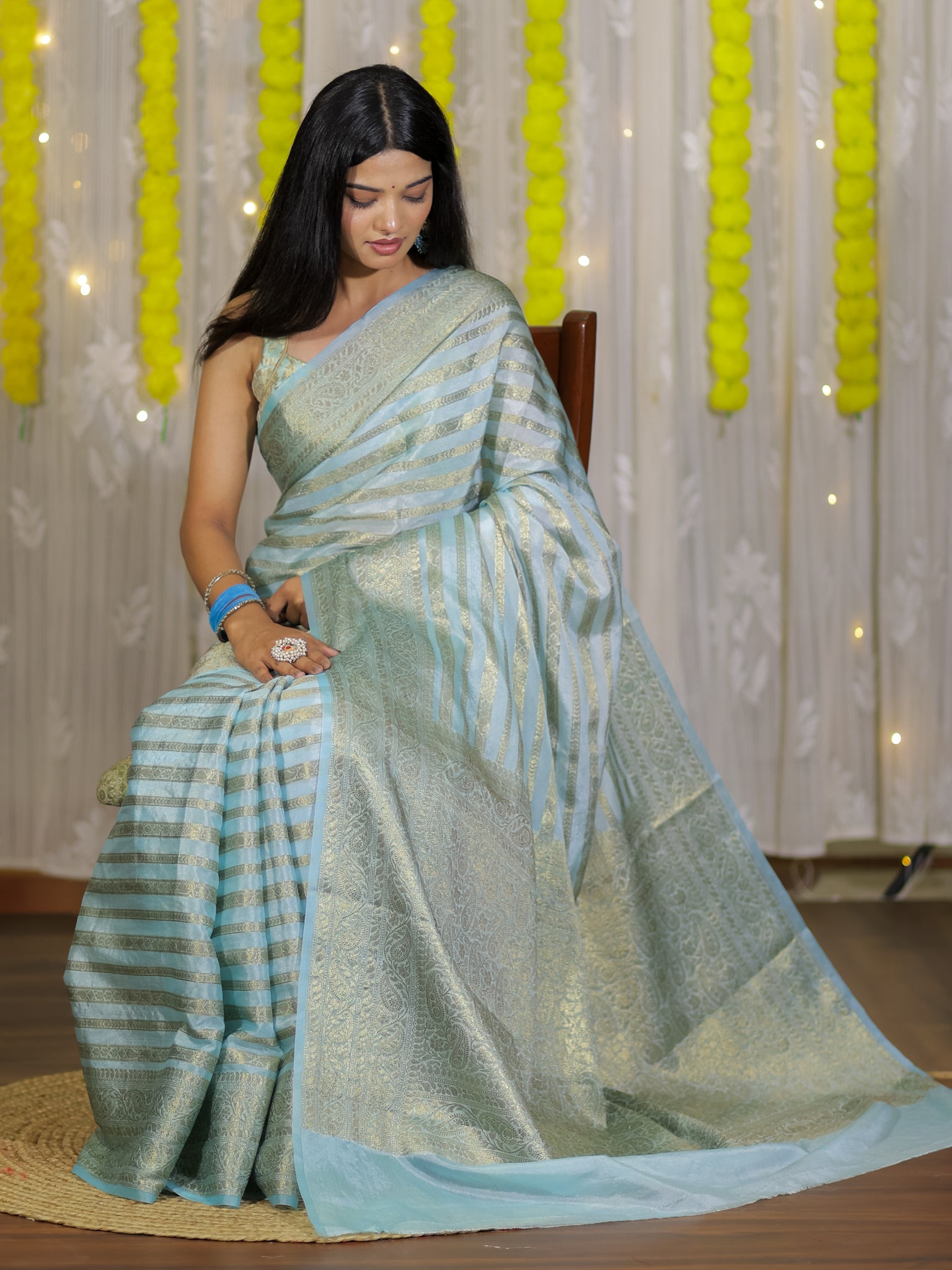 Banarasi Semi Cotton Saree Antique Weaving &  Border- Blue
