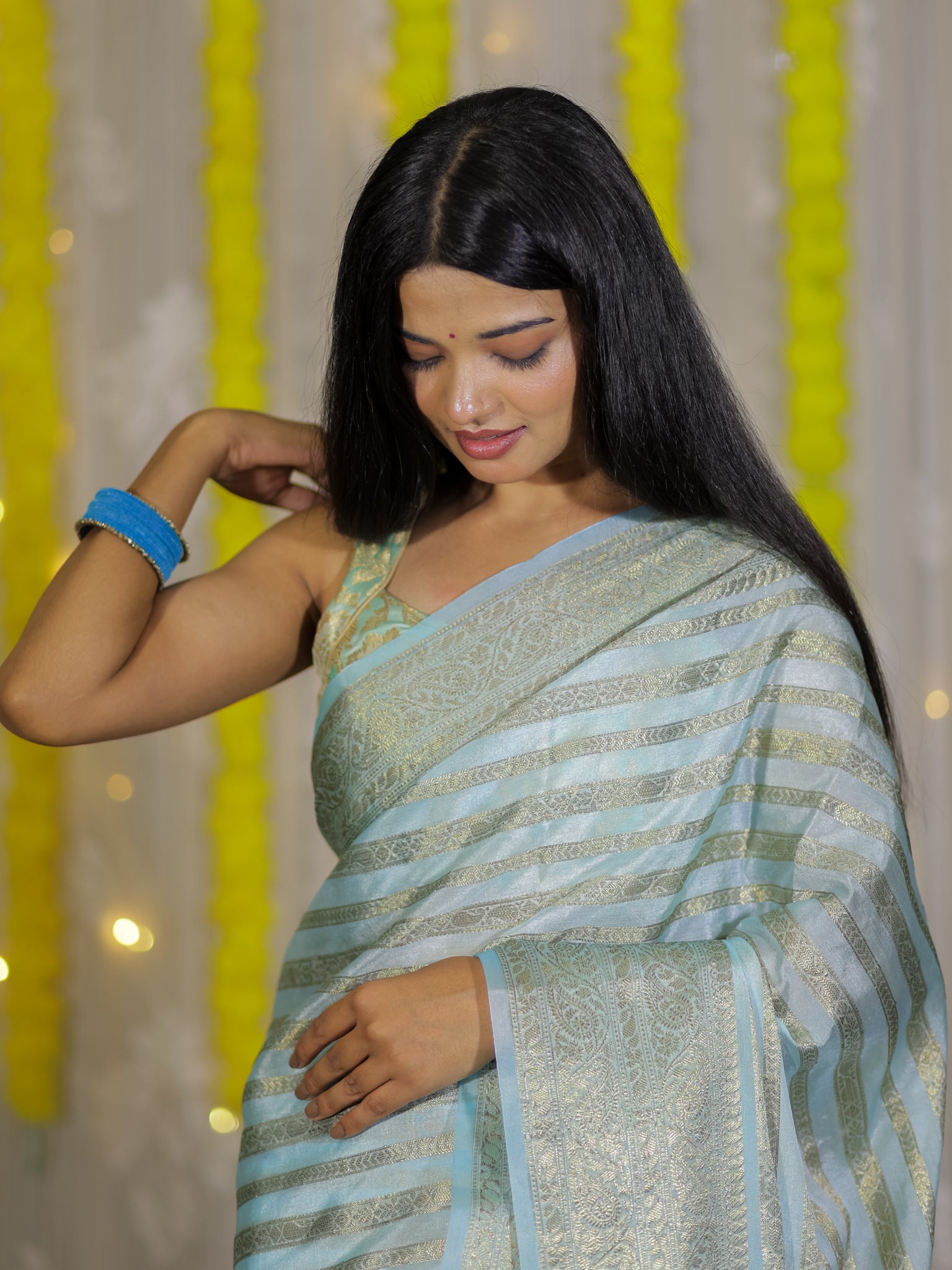 Banarasi Semi Cotton Saree Antique Weaving &  Border- Blue
