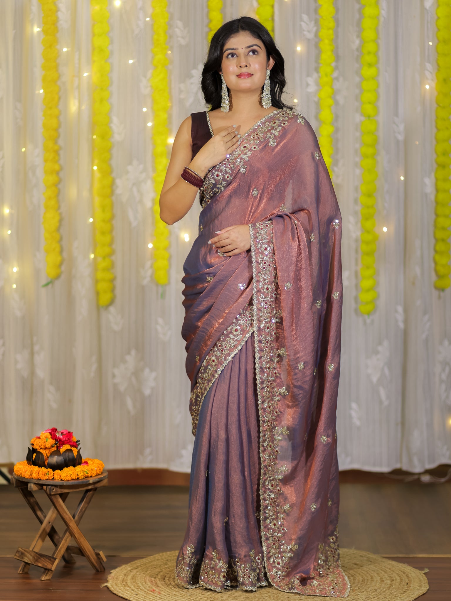 Tissue Embroidered Cocktail Saree- Blue