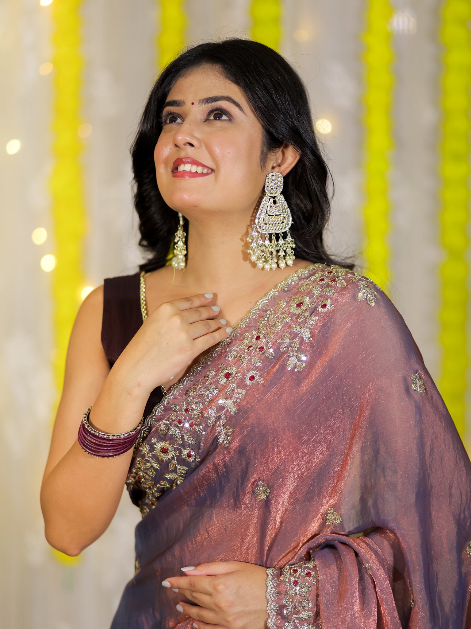 Tissue Embroidered Cocktail Saree- Blue
