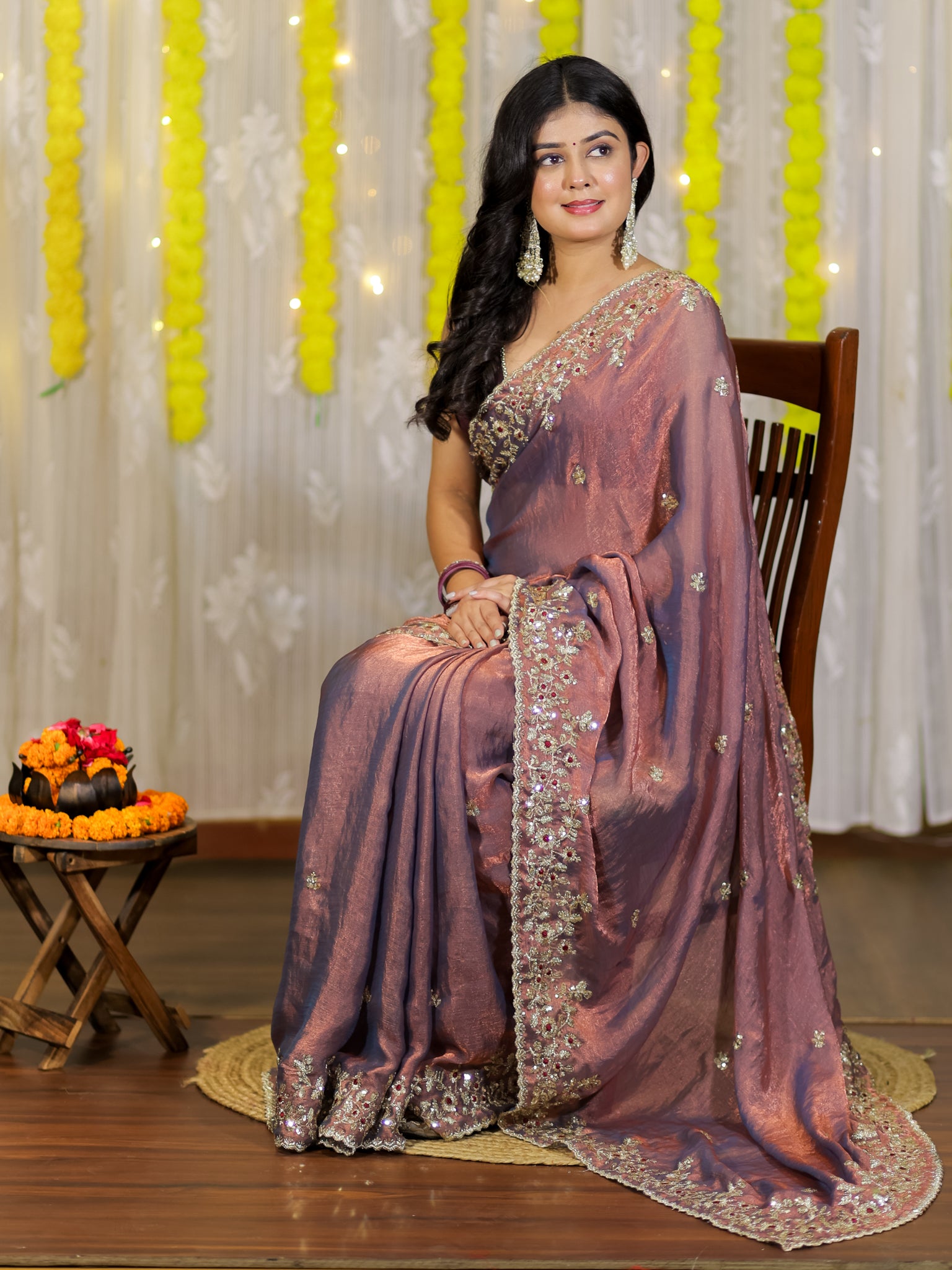 Tissue Embroidered Cocktail Saree- Blue