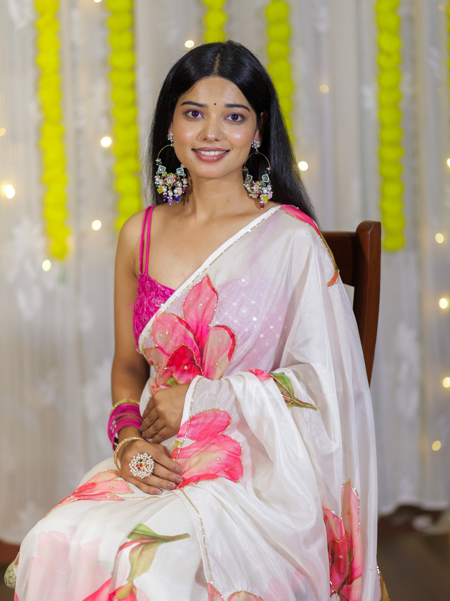 Semi Satin Floral Saree - White