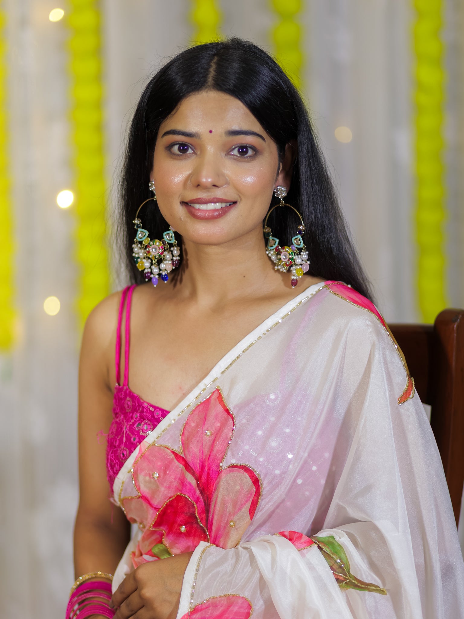 Semi Satin Floral Saree - White