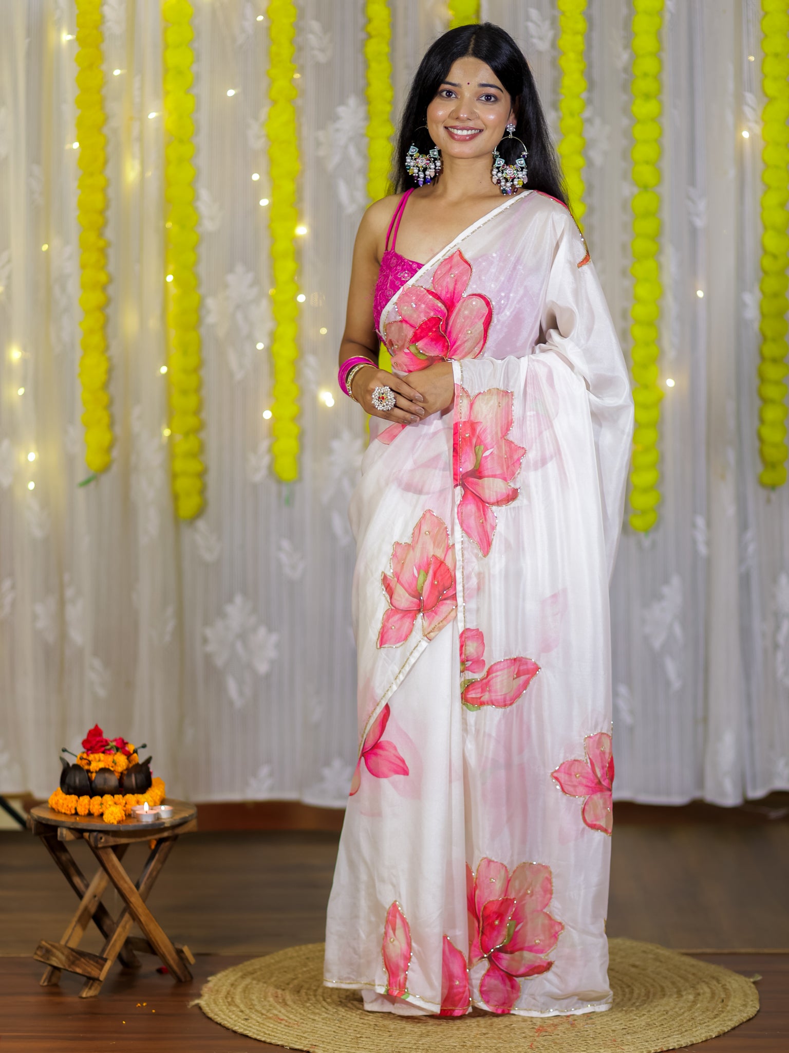 Semi Satin Floral Saree - White