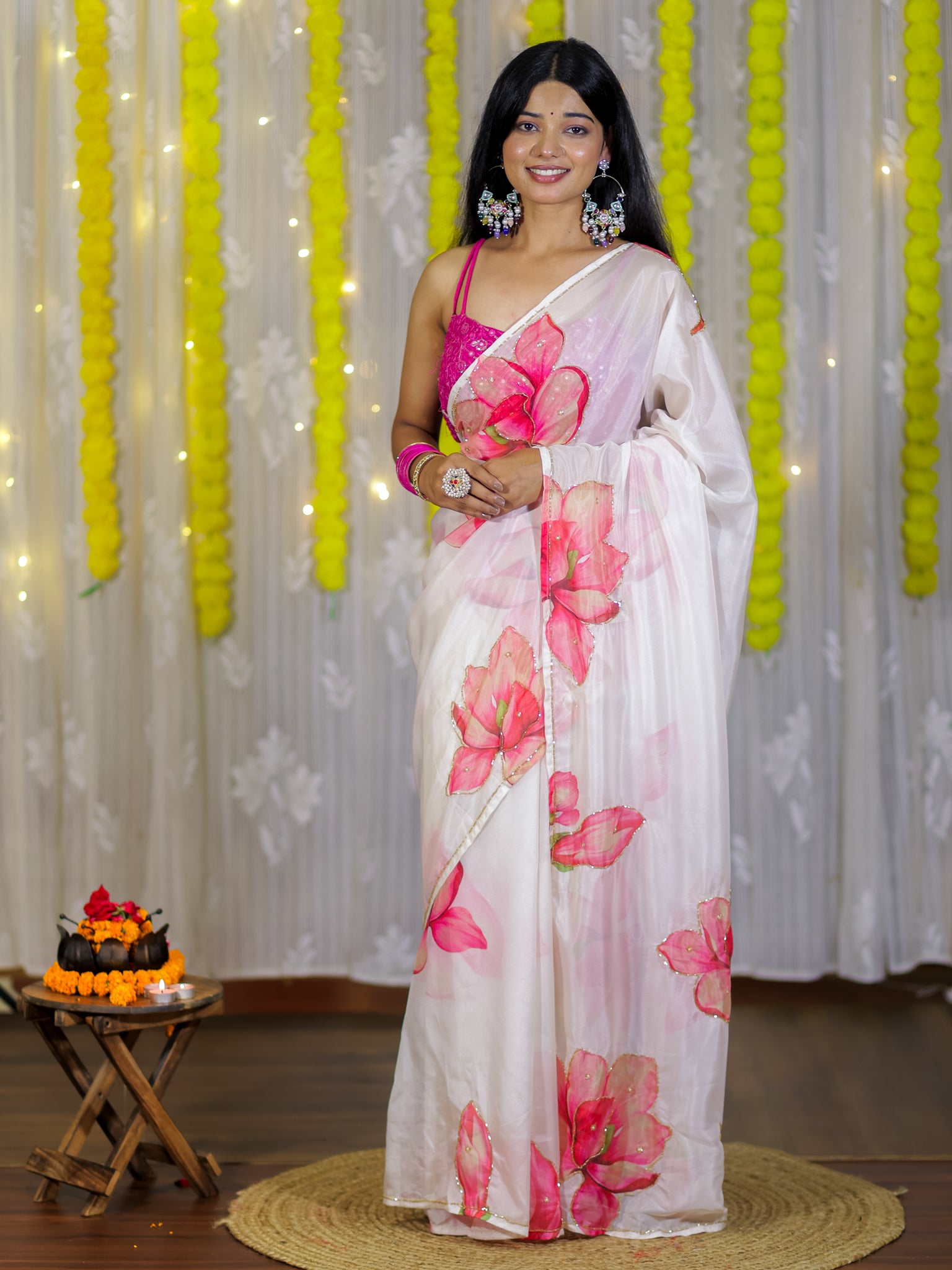 Semi Satin Floral Saree - White