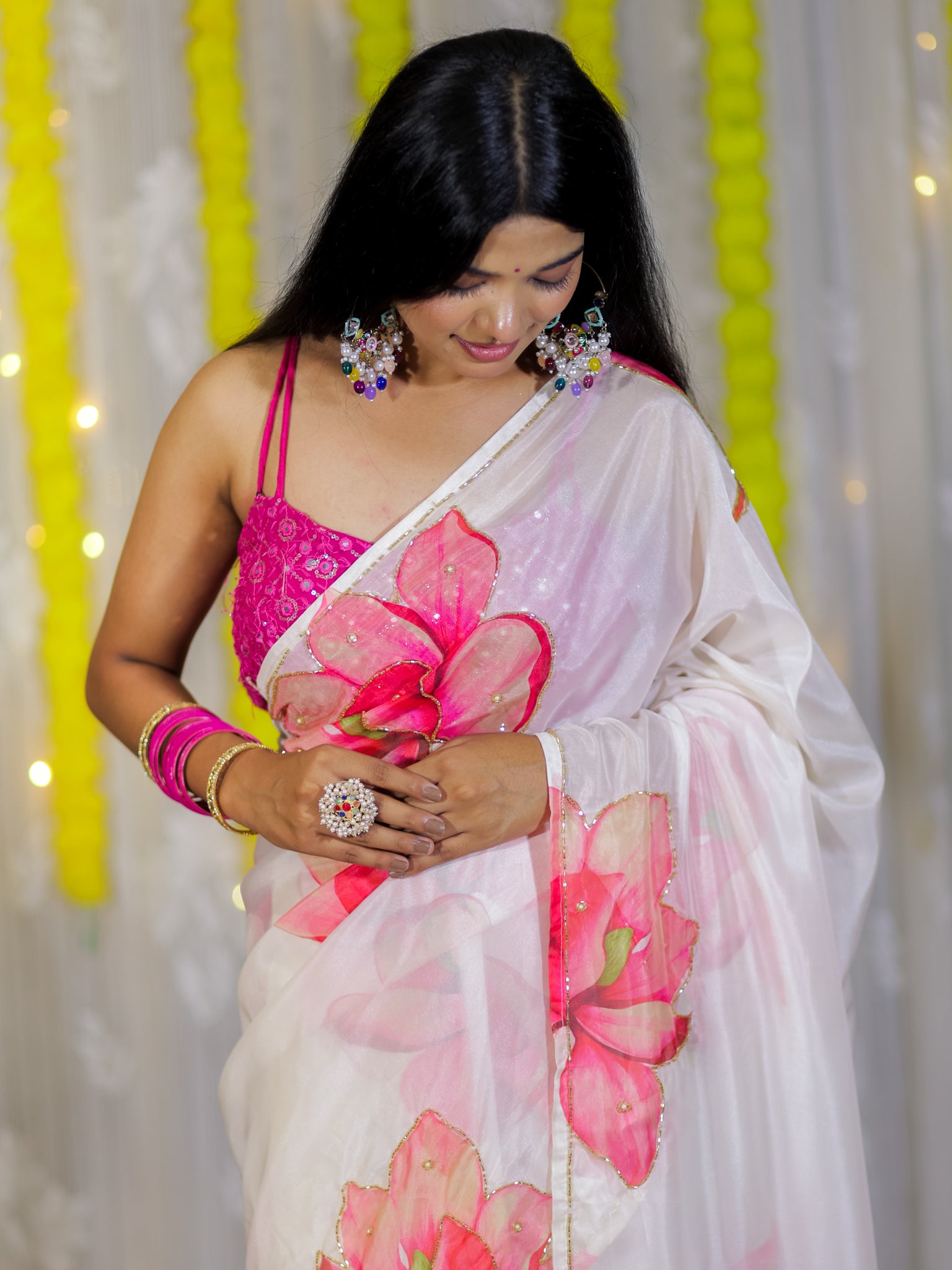 Semi Satin Floral Saree - White