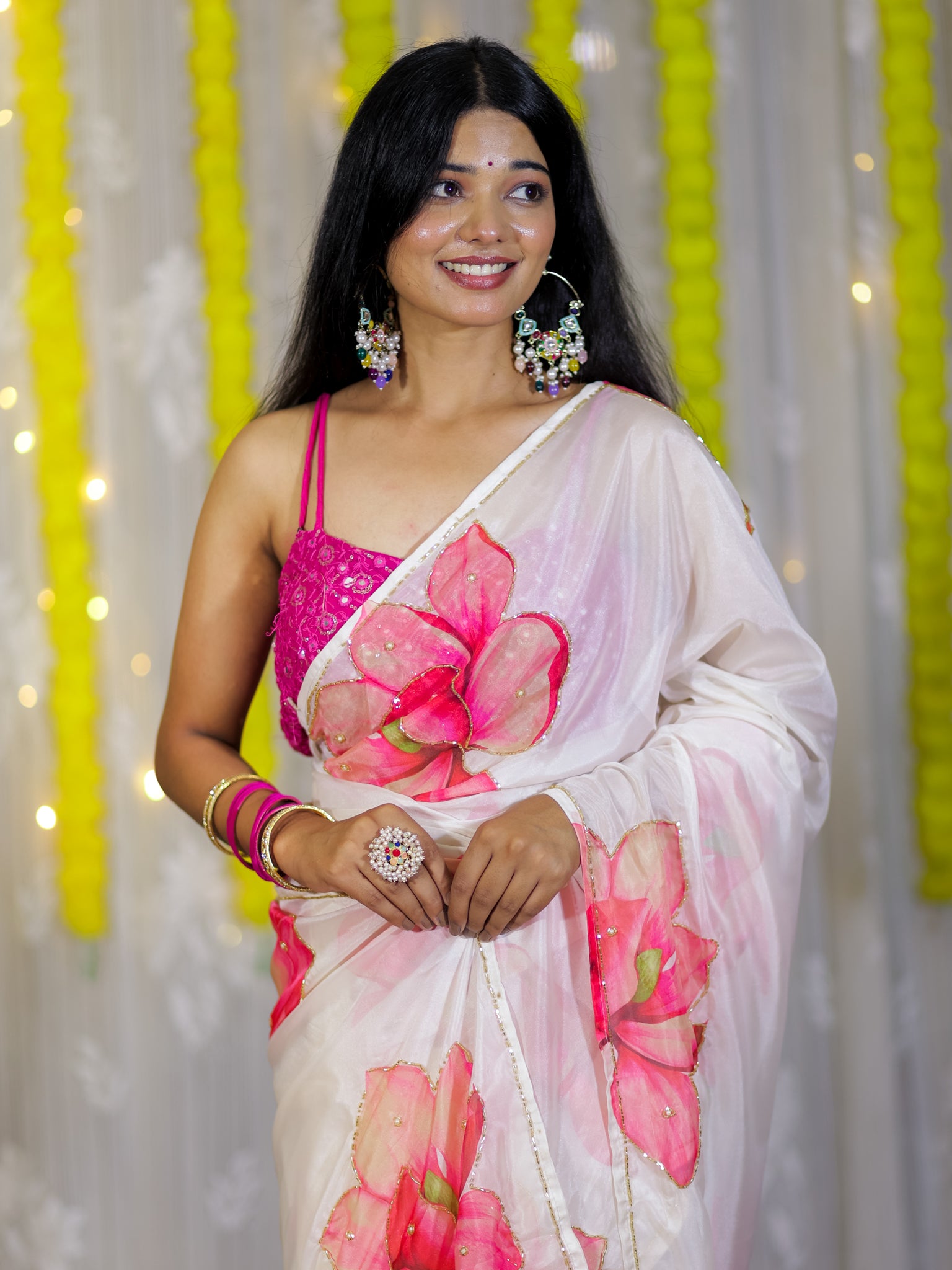 Semi Satin Floral Saree - White