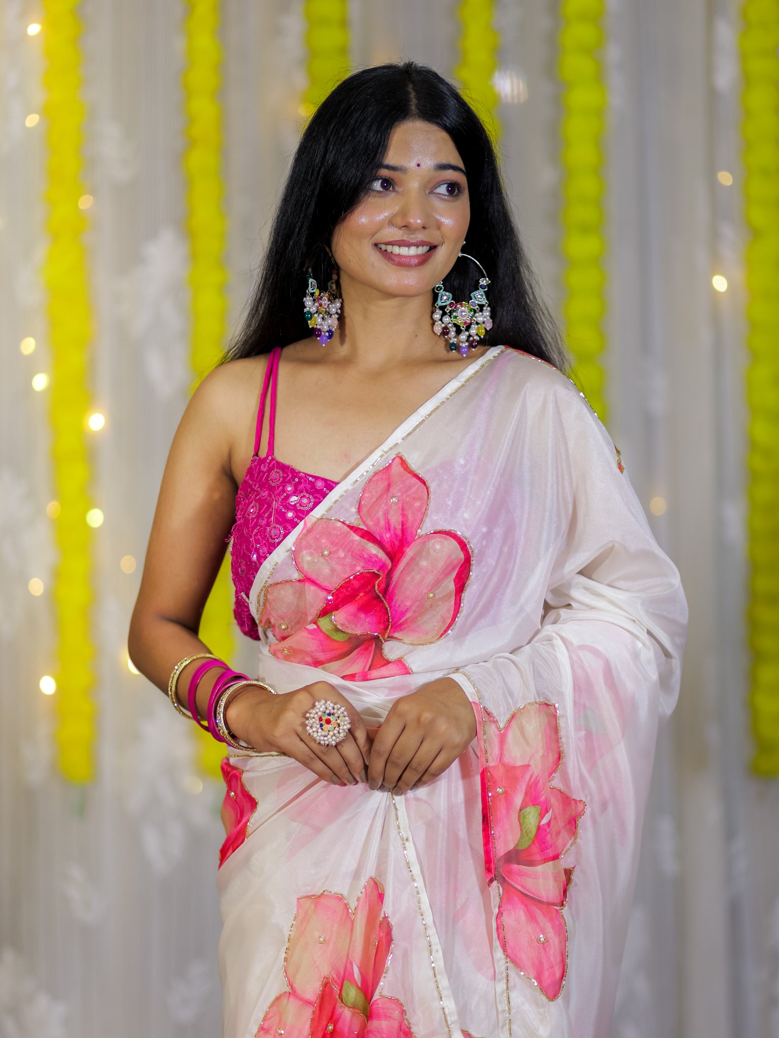 Semi Satin Floral Saree - White