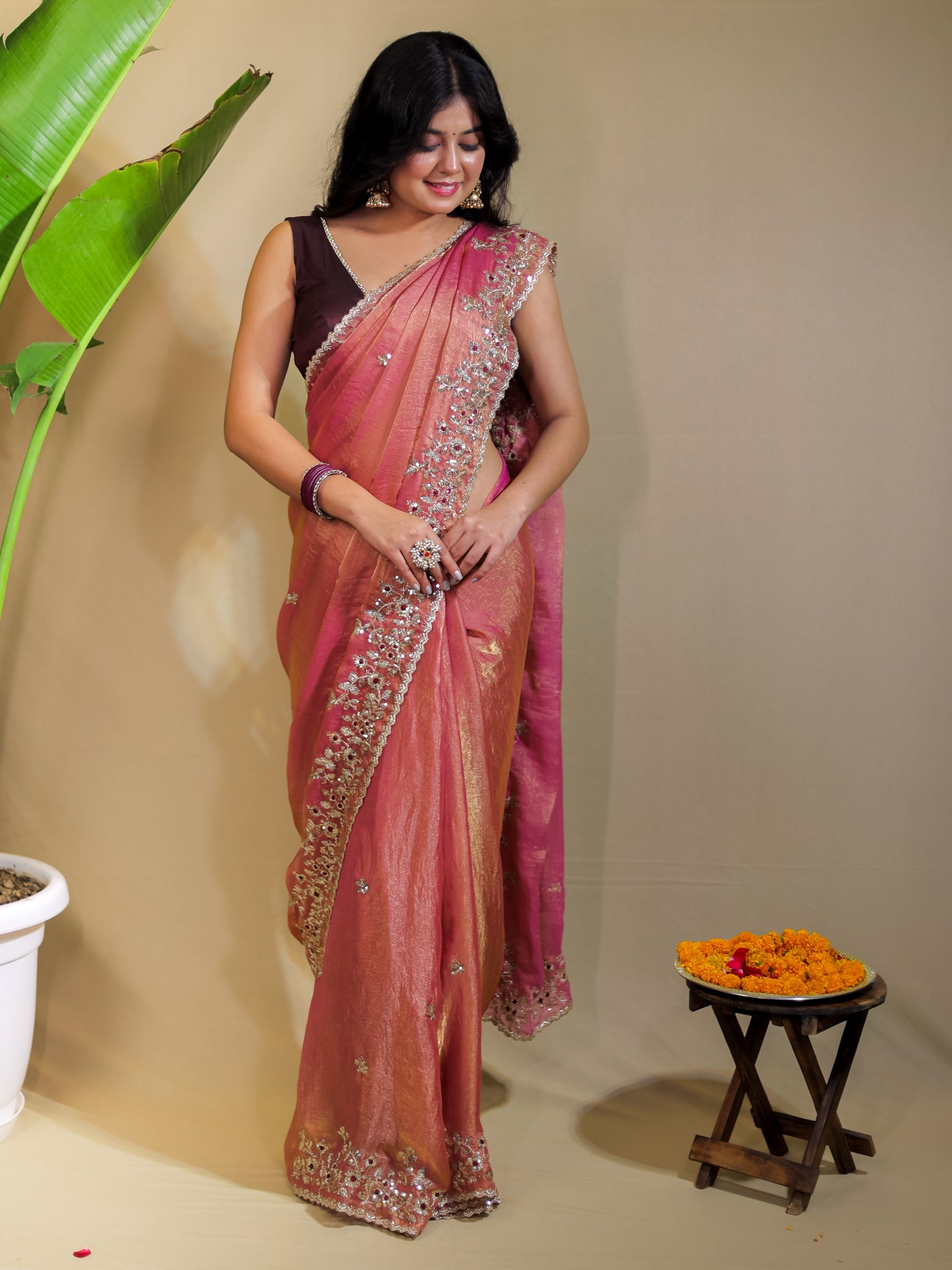 Tissue Embroidered Cocktail Saree- Pink