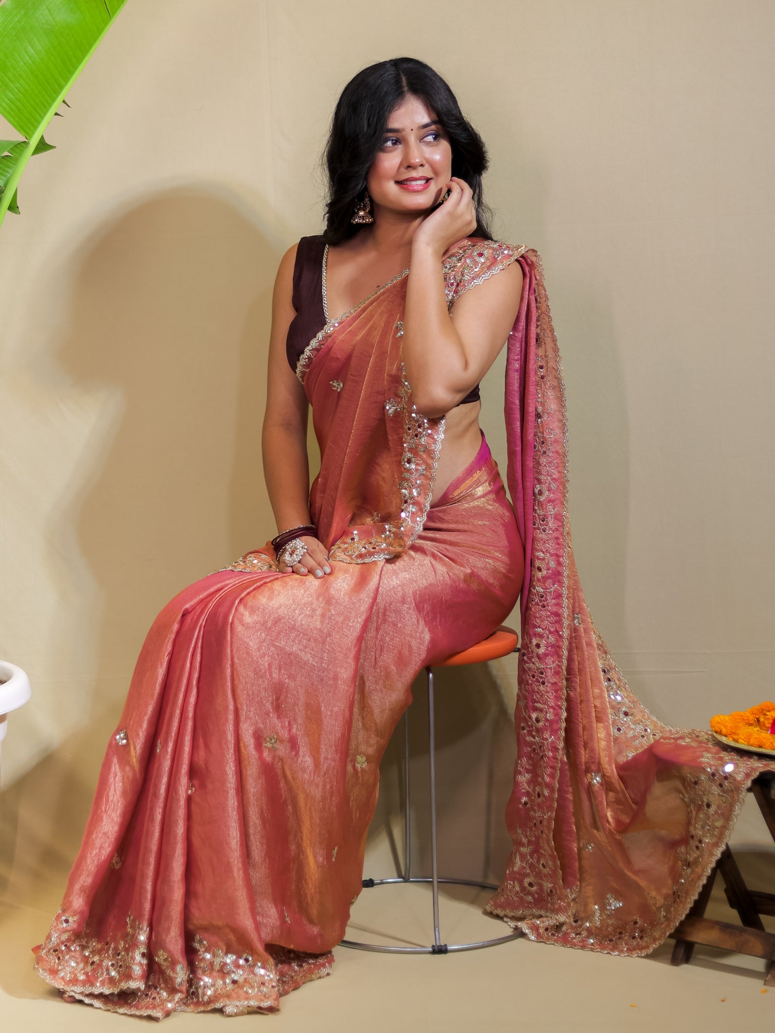 Tissue Embroidered Cocktail Saree- Pink