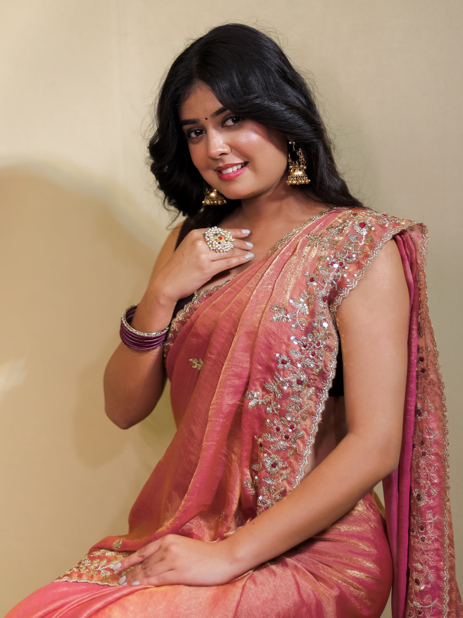 Tissue Embroidered Cocktail Saree- Pink