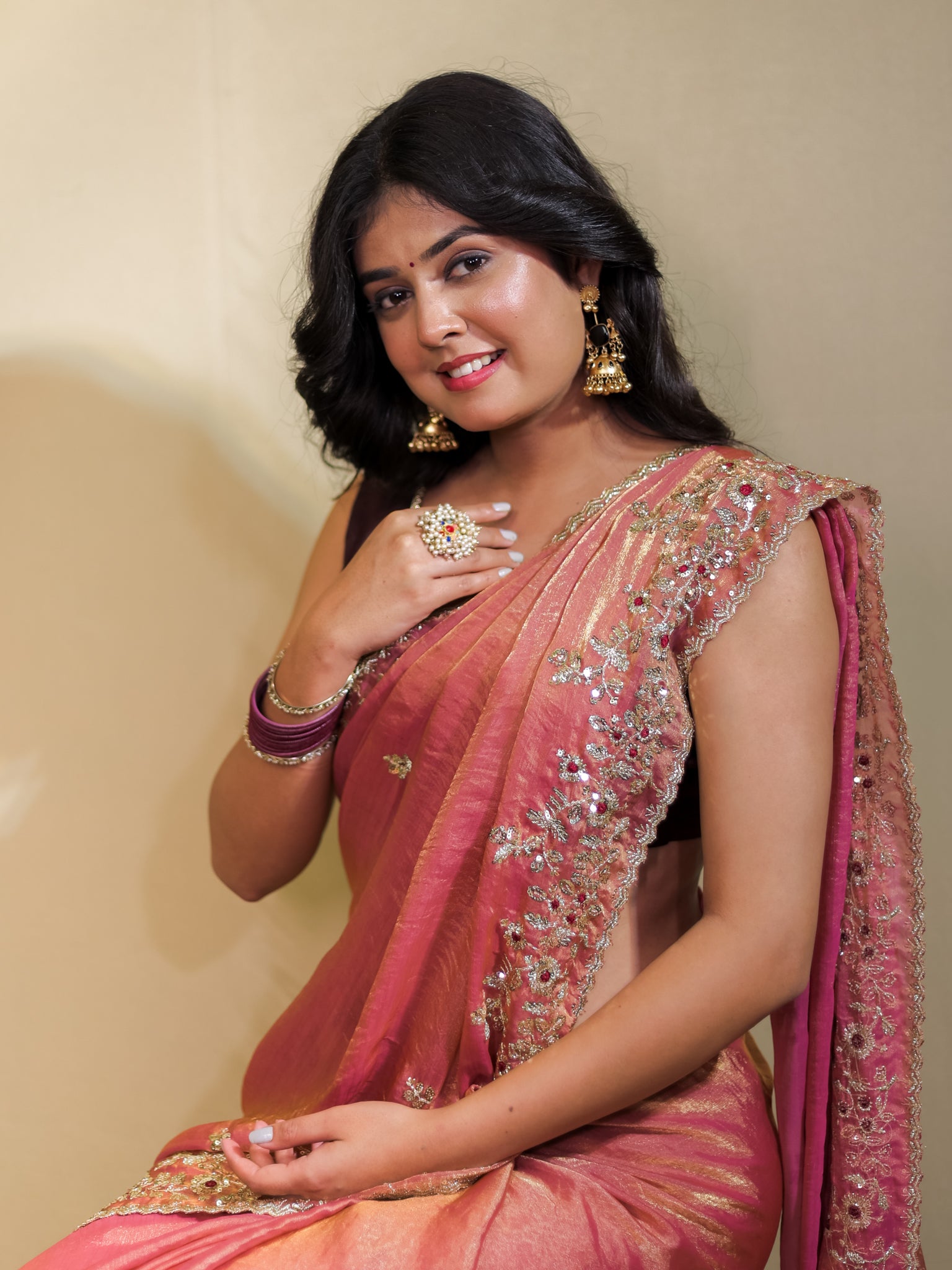 Tissue Embroidered Cocktail Saree- Pink