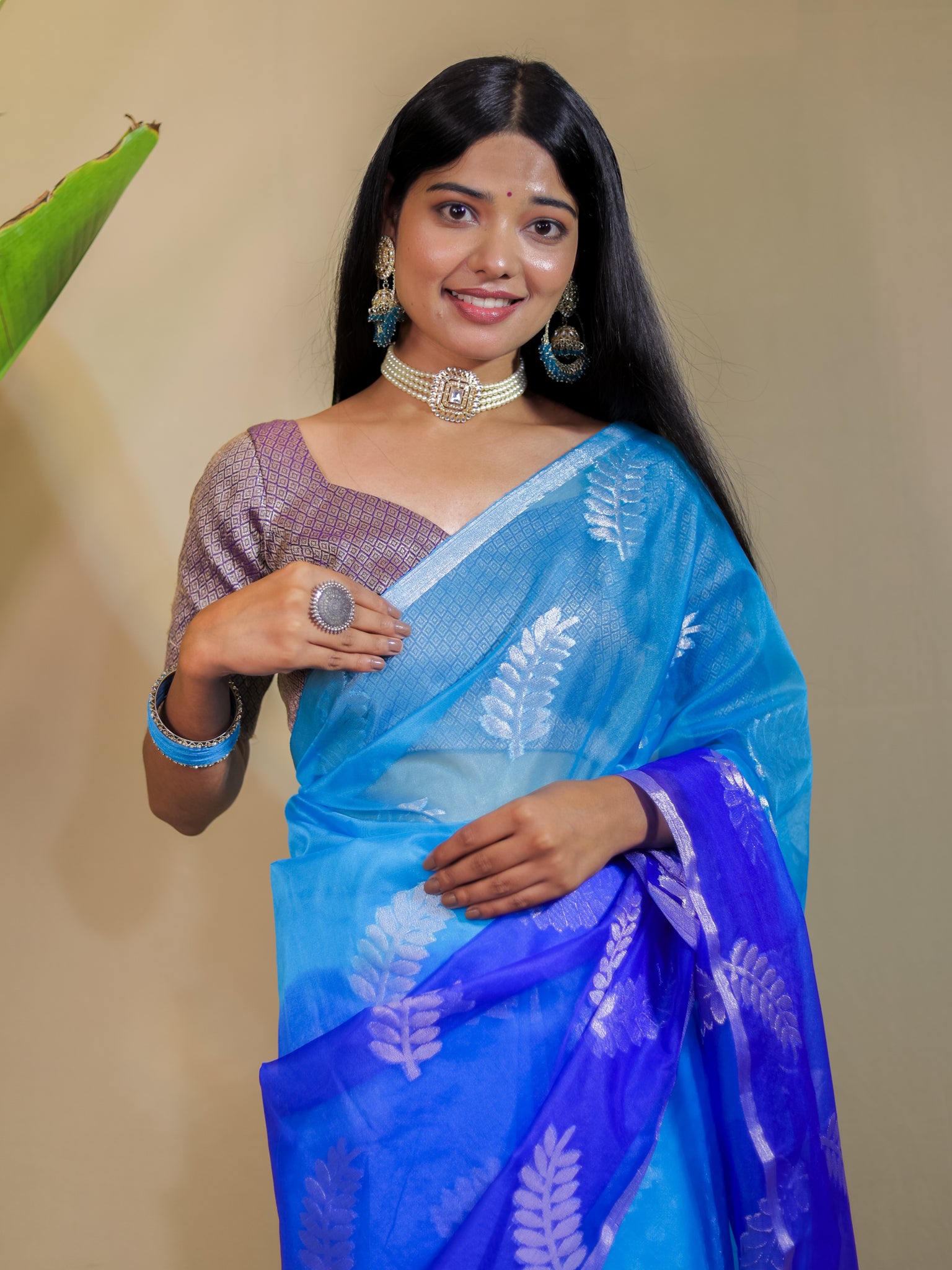Banarasi Organza Dual Shade Saree With Zari Border- Blue & White