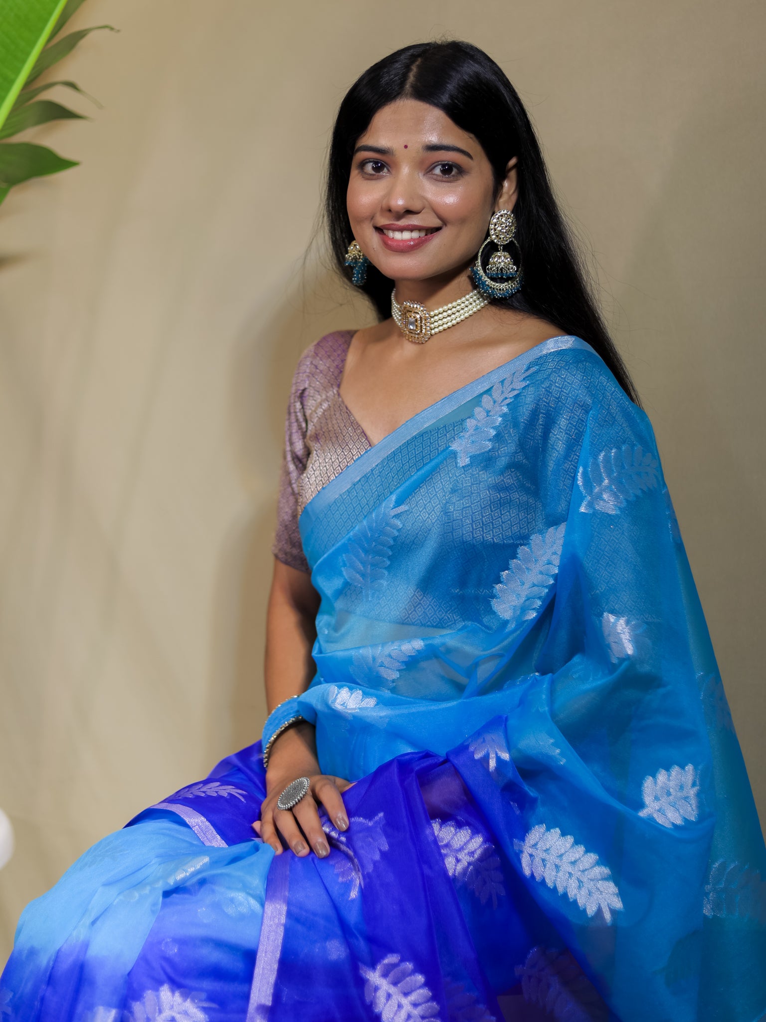 Banarasi Organza Dual Shade Saree With Zari Border- Blue & White