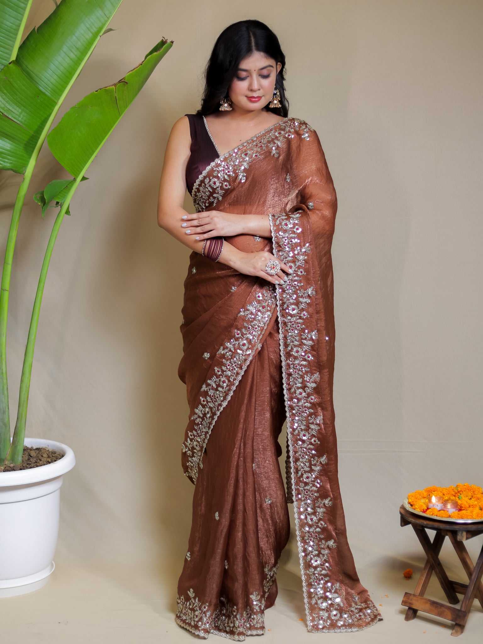Tissue Embroidered Cocktail Saree- Brown