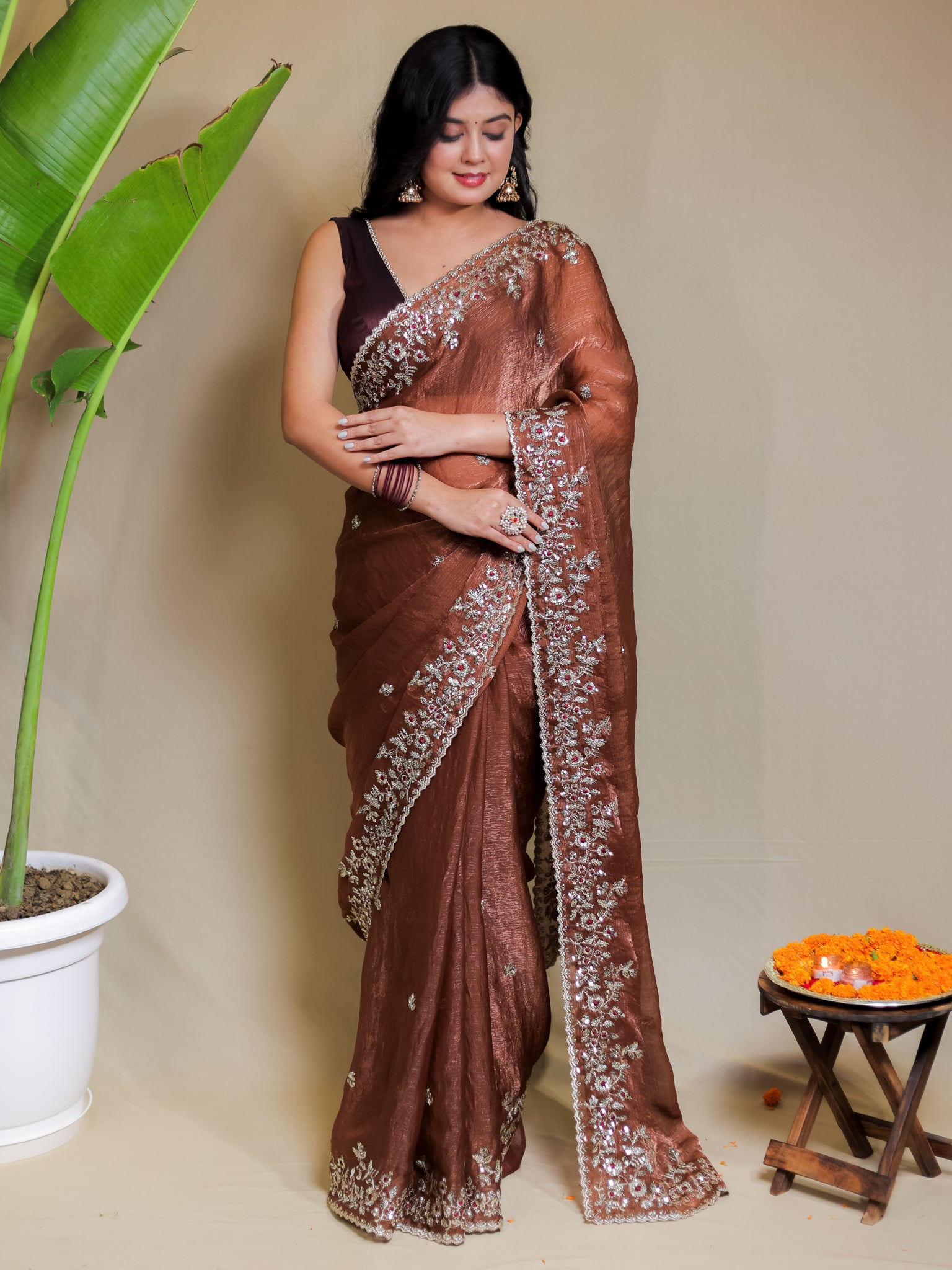 Tissue Embroidered Cocktail Saree- Brown