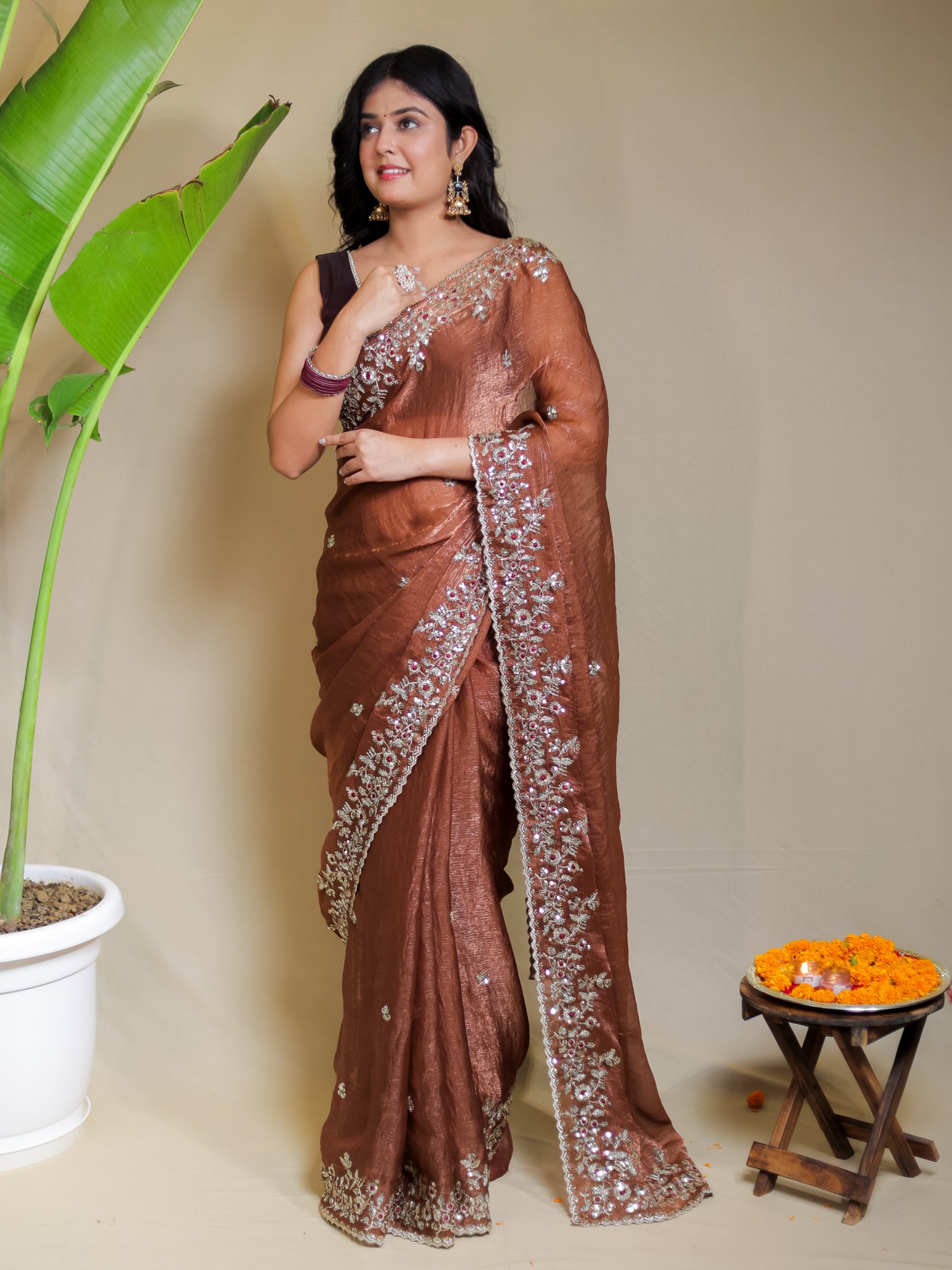 Tissue Embroidered Cocktail Saree- Brown