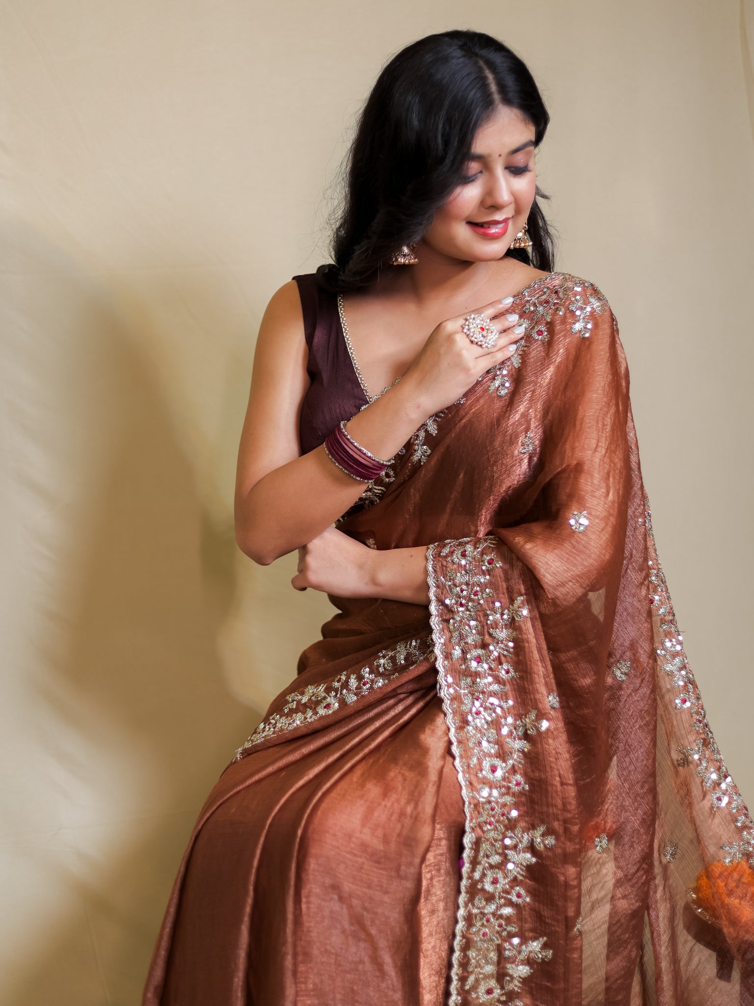 Tissue Embroidered Cocktail Saree- Brown
