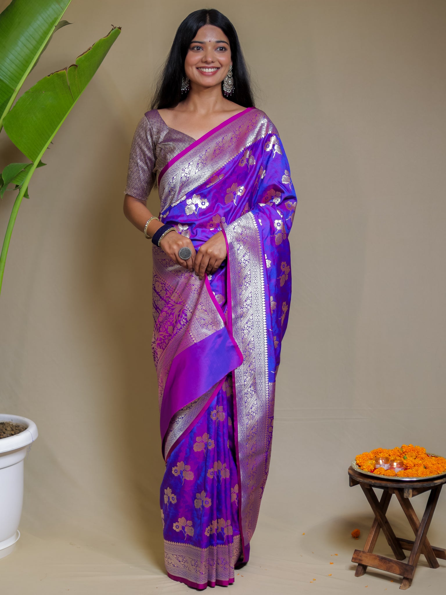 Banarasi Art Katan Silk Saree With Zari Buta Weaving & Tanchoi Weaving- Violet