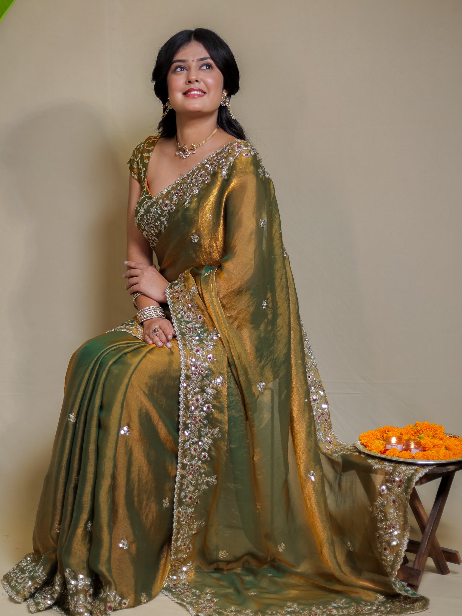 Tissue Embroidered Cocktail Saree- Olive Green