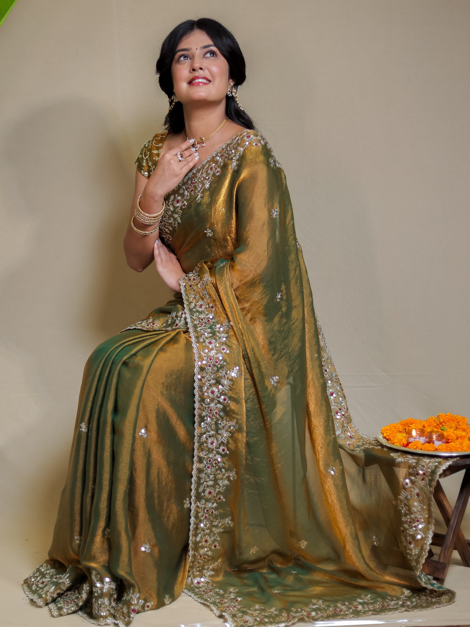 Tissue Embroidered Cocktail Saree- Olive Green