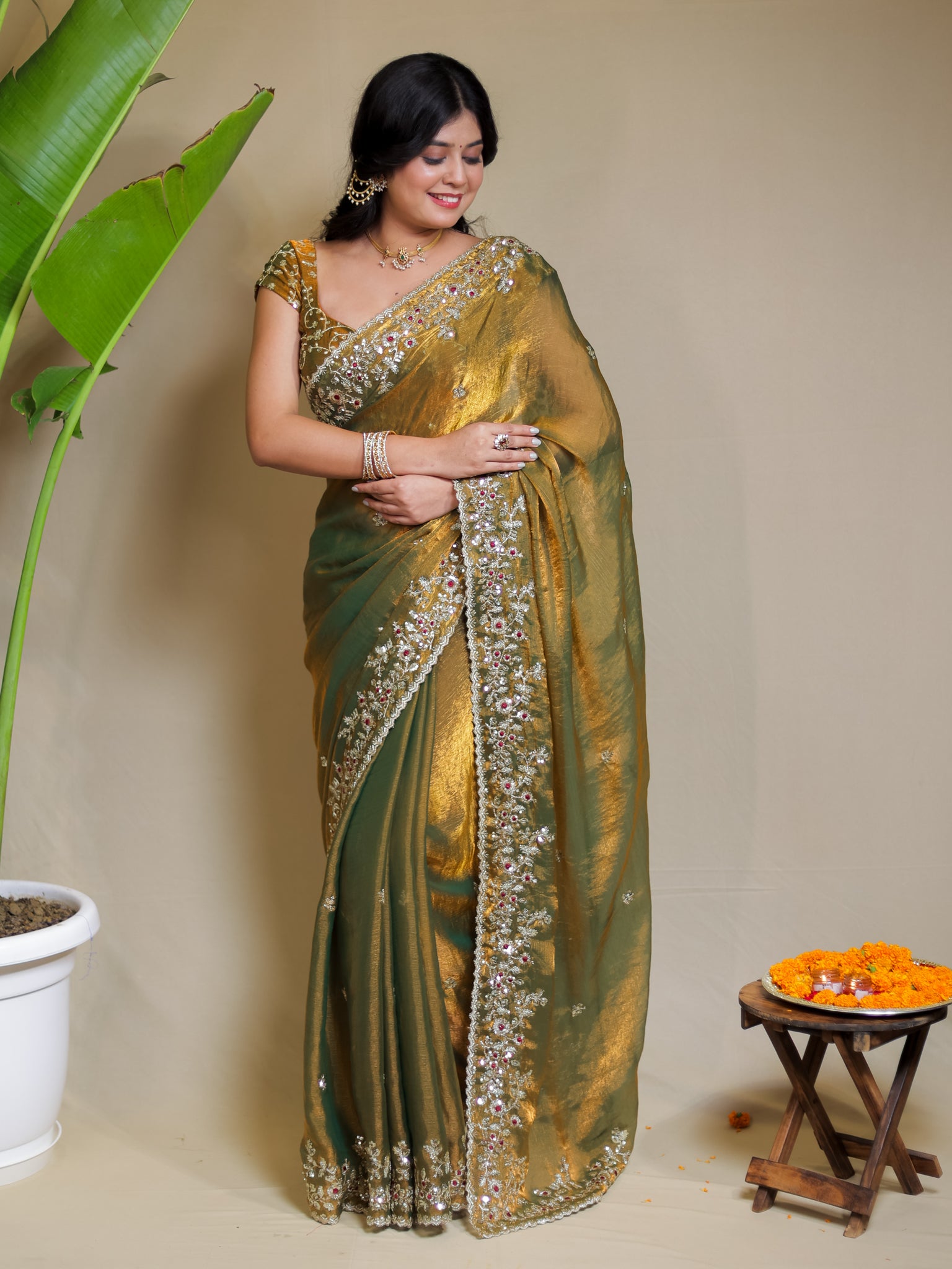 Tissue Embroidered Cocktail Saree- Olive Green