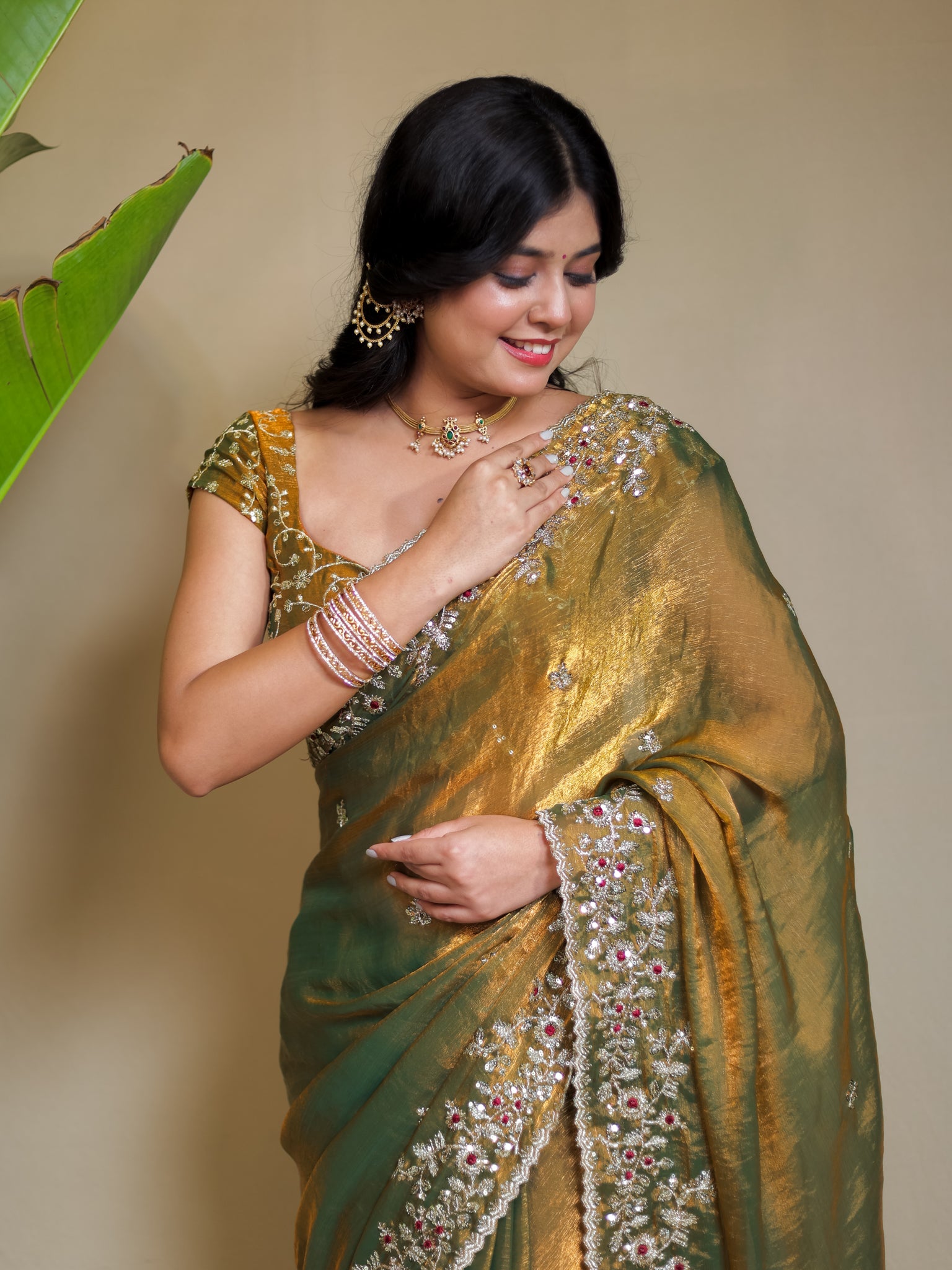 Tissue Embroidered Cocktail Saree- Olive Green
