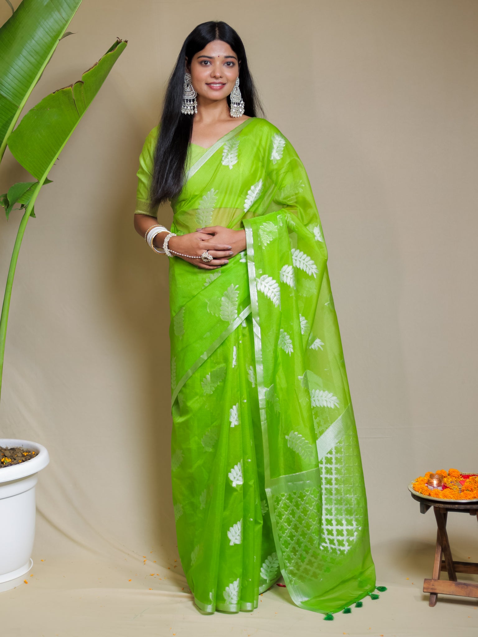 Banarasi Organza Saree With Zari Border- Green
