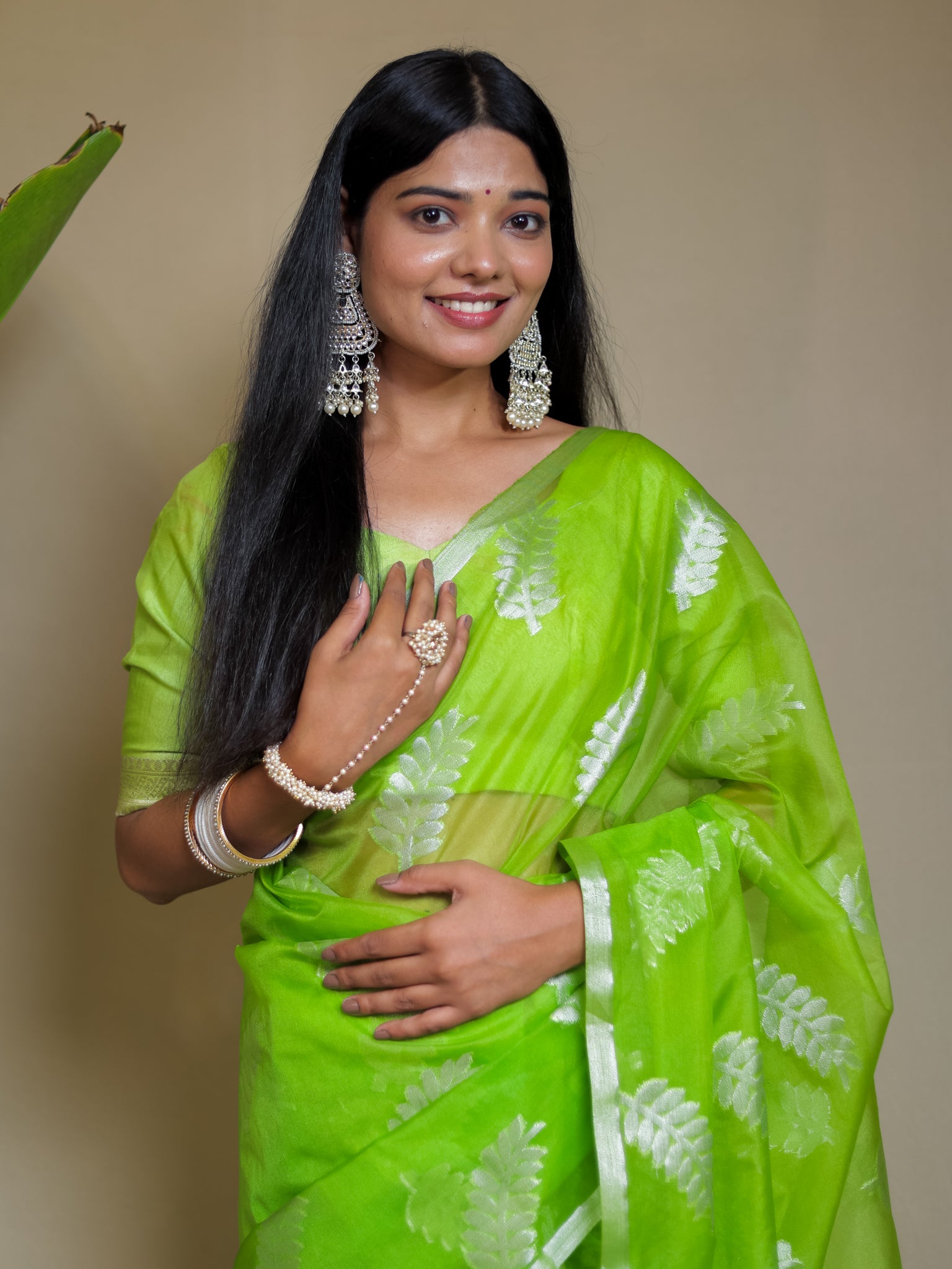 Banarasi Organza Saree With Zari Border- Green