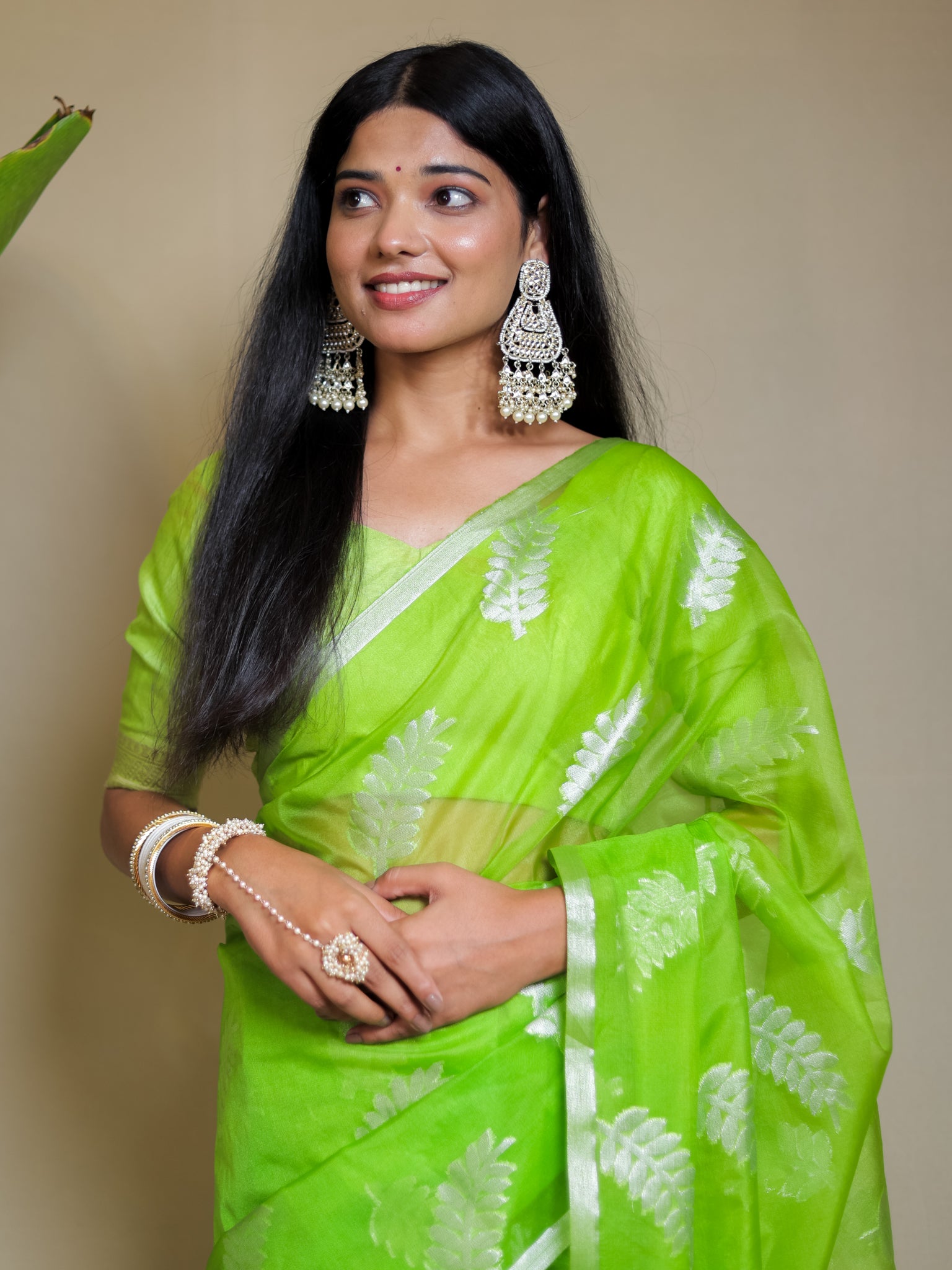Banarasi Organza Saree With Zari Border- Green
