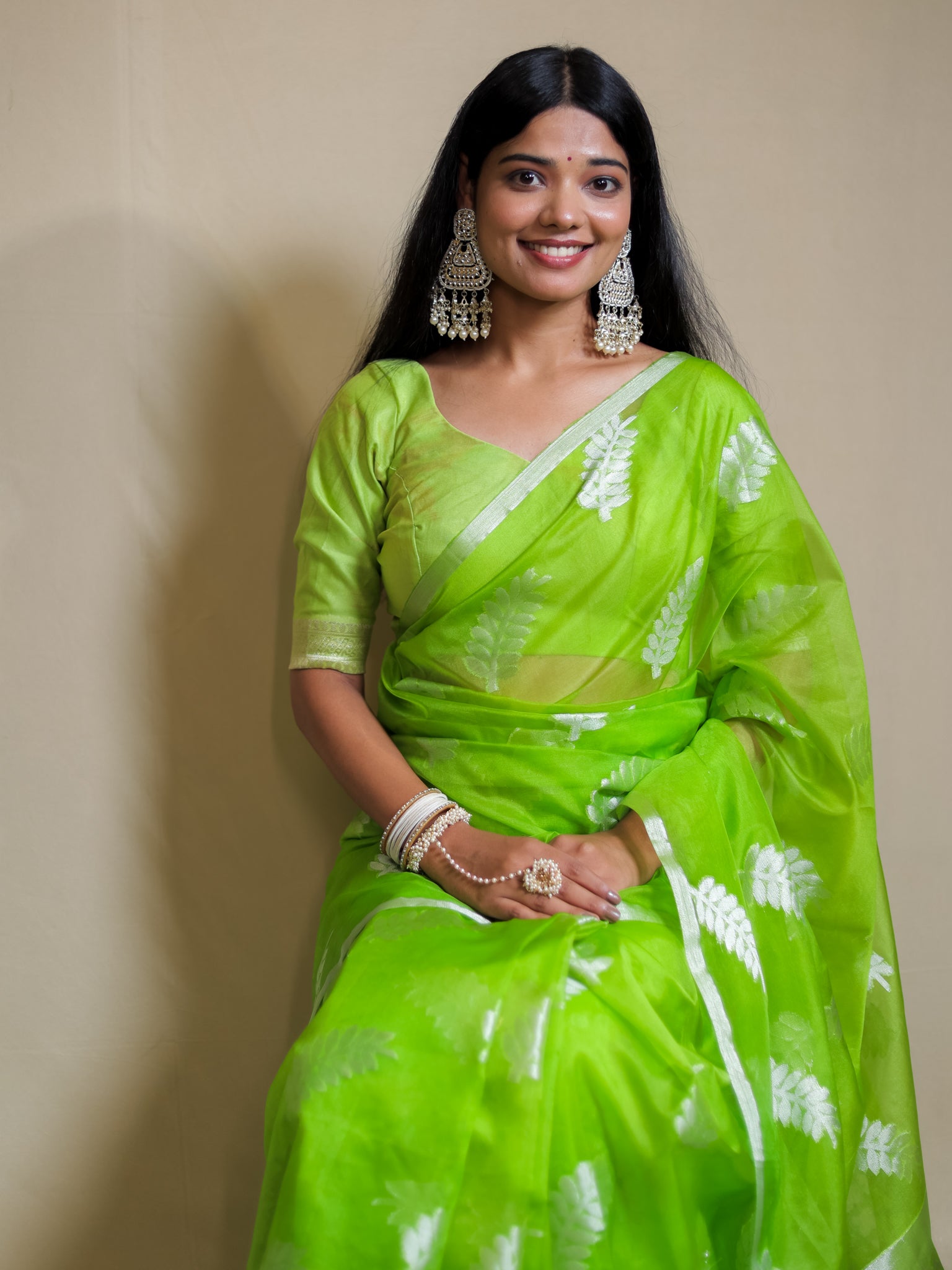 Banarasi Organza Saree With Zari Border- Green