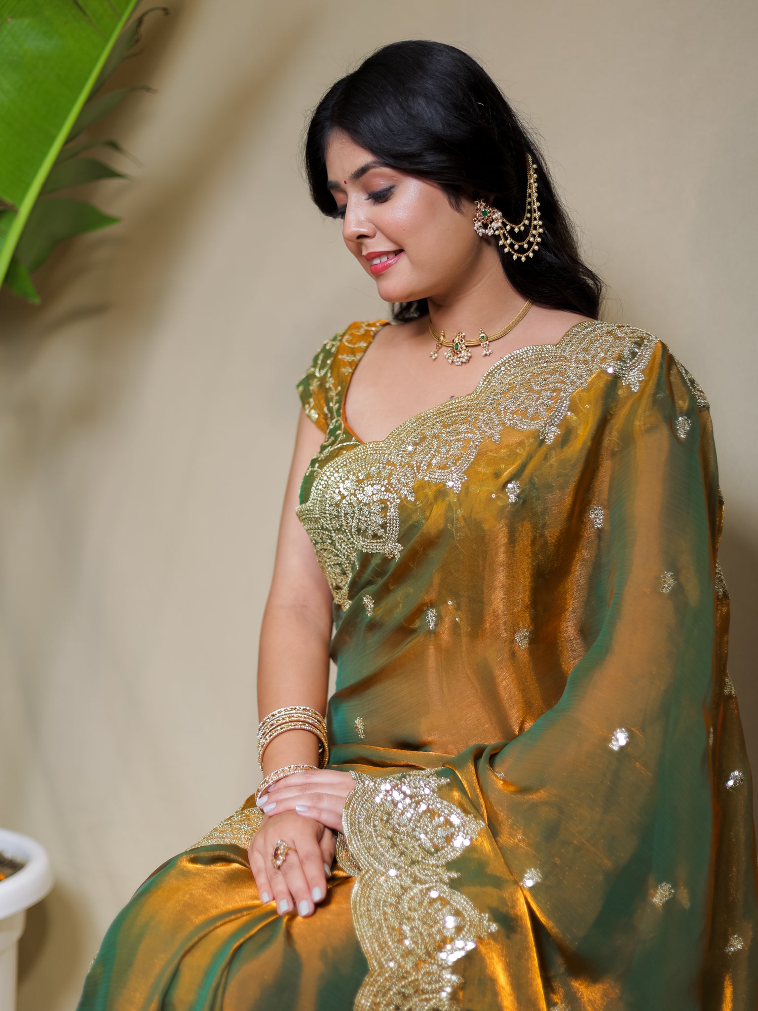 Tissue Sequin Saree With Scallop Border- Mustard Yellow