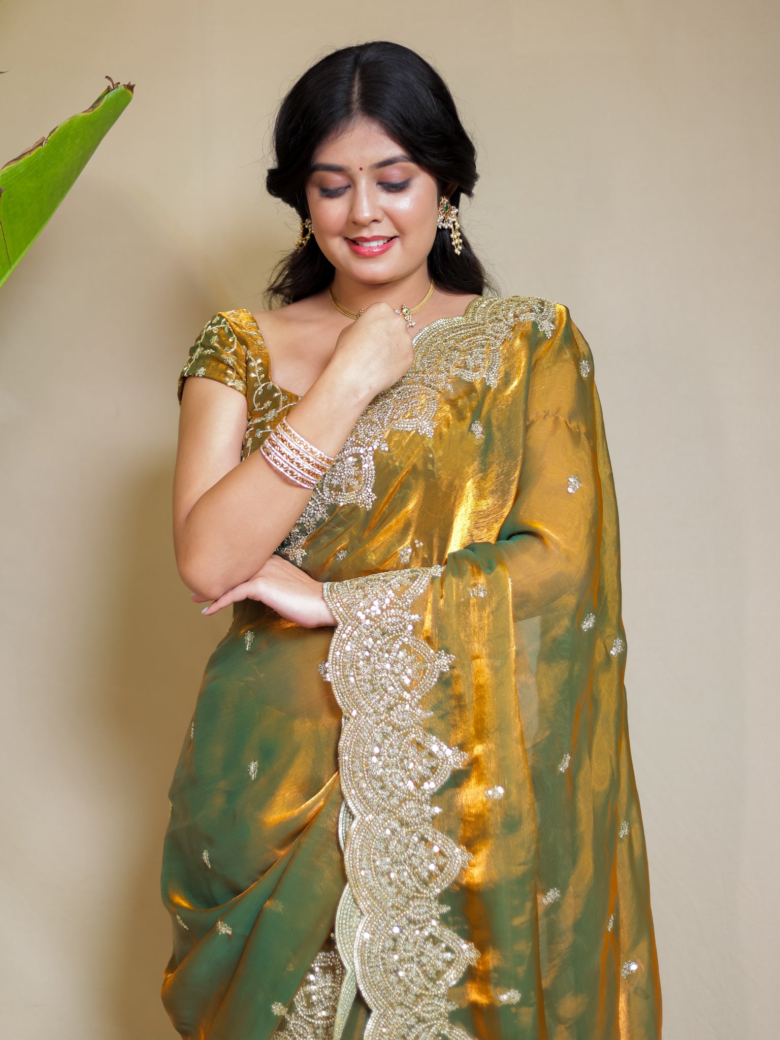 Tissue Sequin Saree With Scallop Border- Mustard Yellow