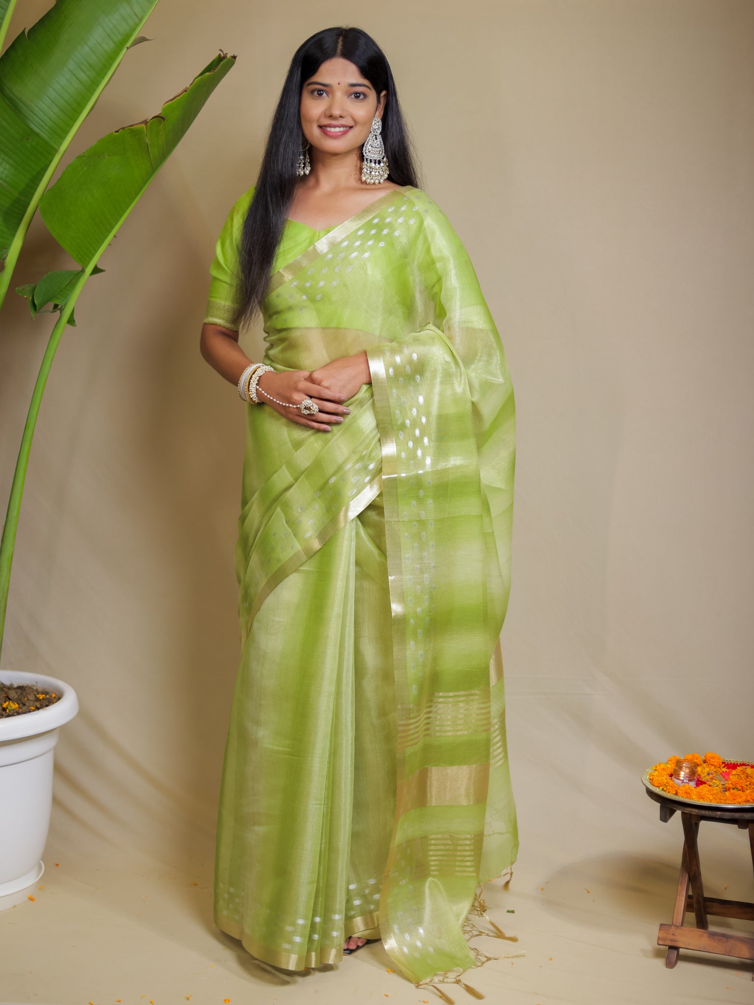 Banarasi Cotton Linen Saree With Resham Weaving & Zari Border- Green