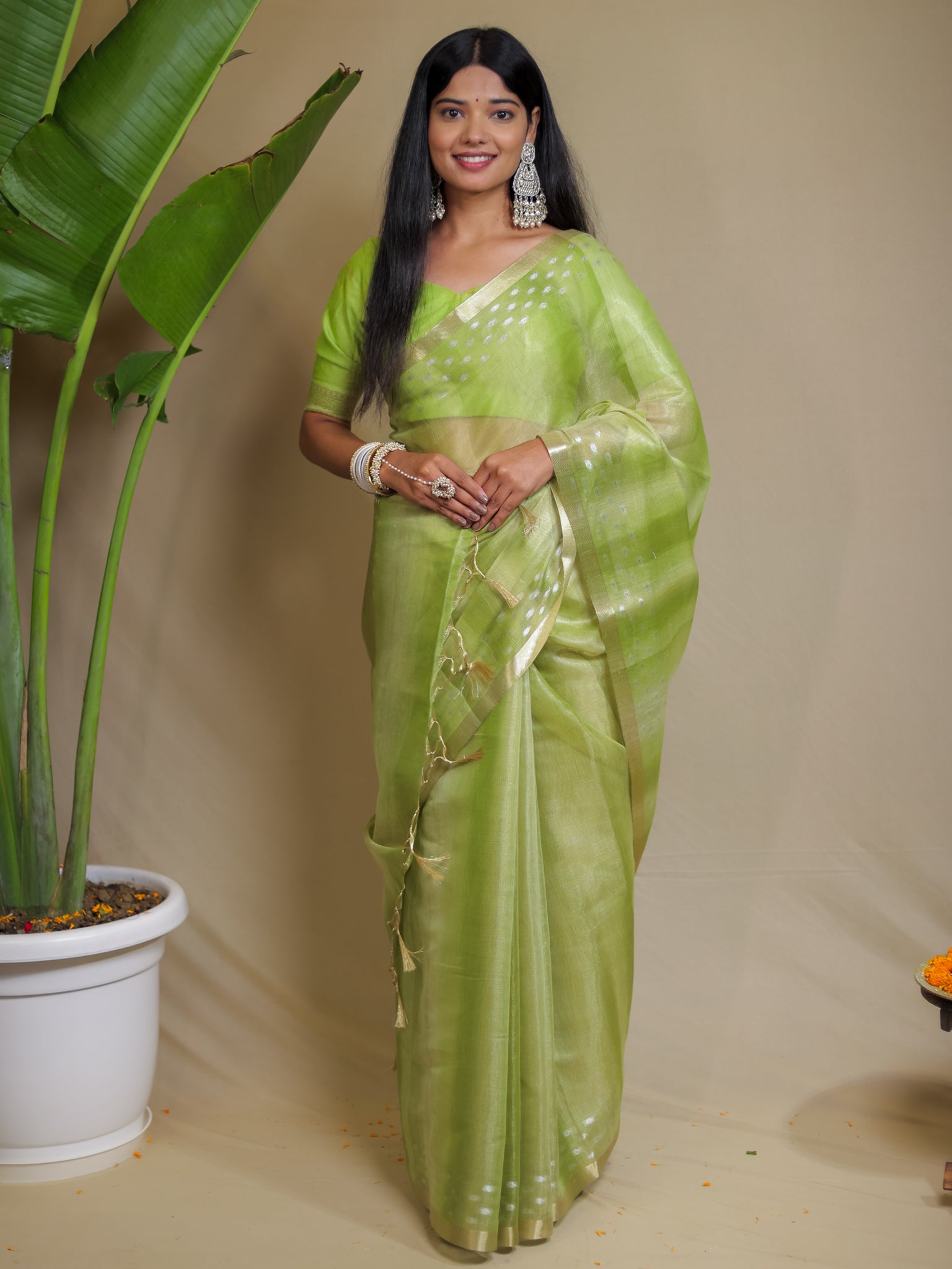 Banarasi Cotton Linen Saree With Resham Weaving & Zari Border- Green