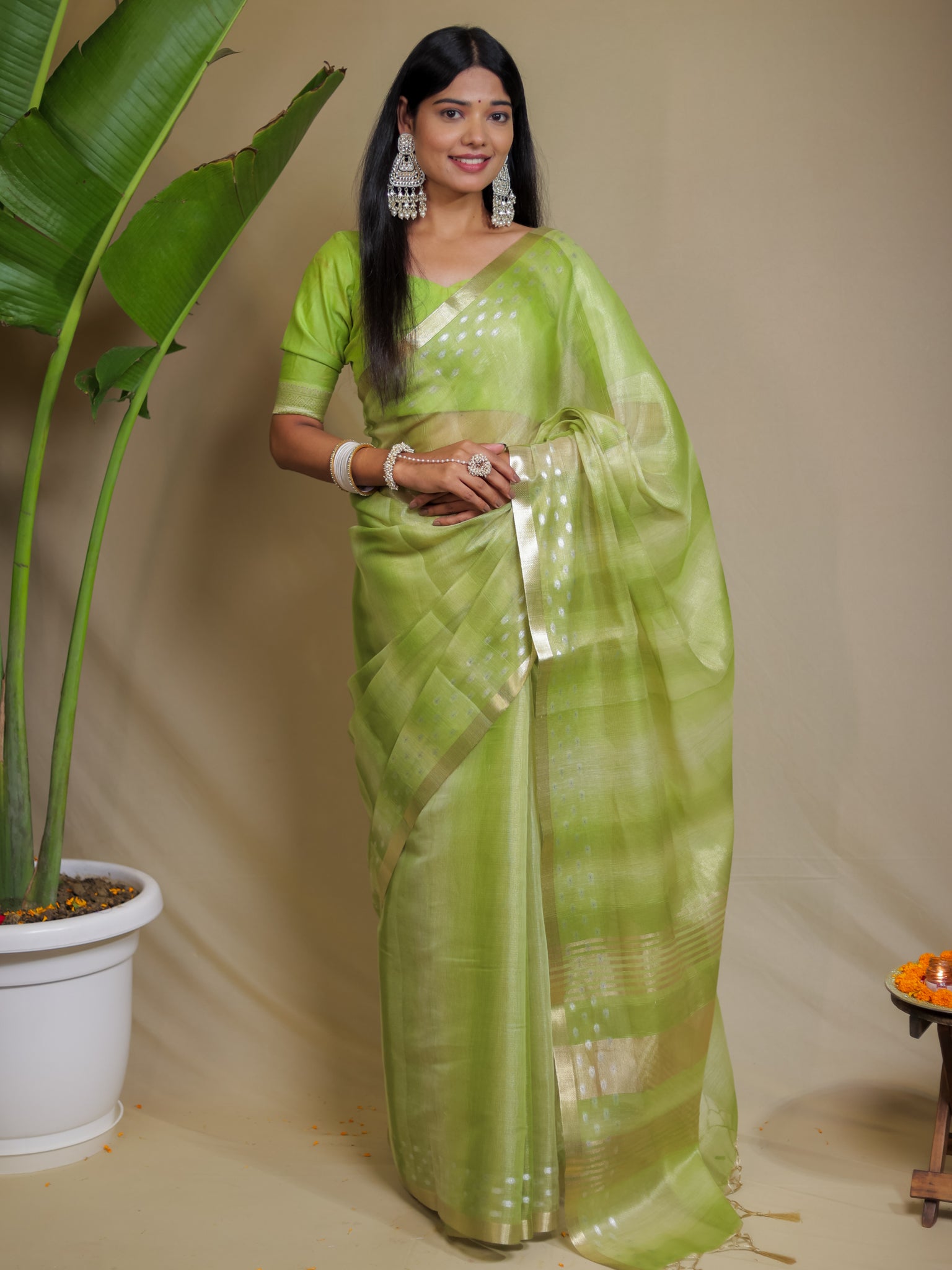 Banarasi Cotton Linen Saree With Resham Weaving & Zari Border- Green