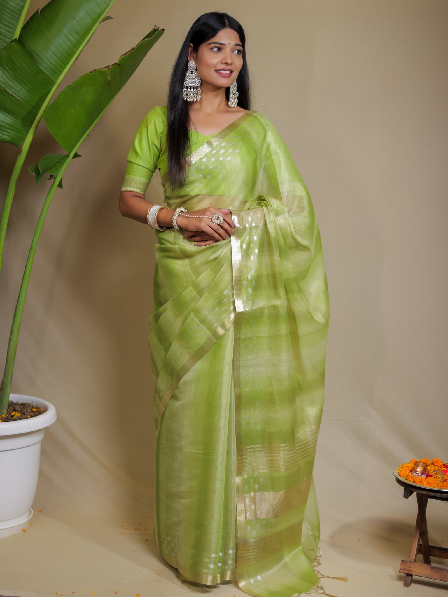 Banarasi Cotton Linen Saree With Resham Weaving & Zari Border- Green