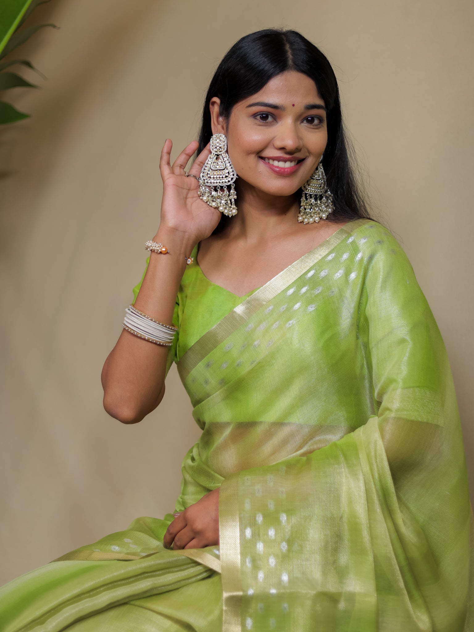 Banarasi Cotton Linen Saree With Resham Weaving & Zari Border- Green