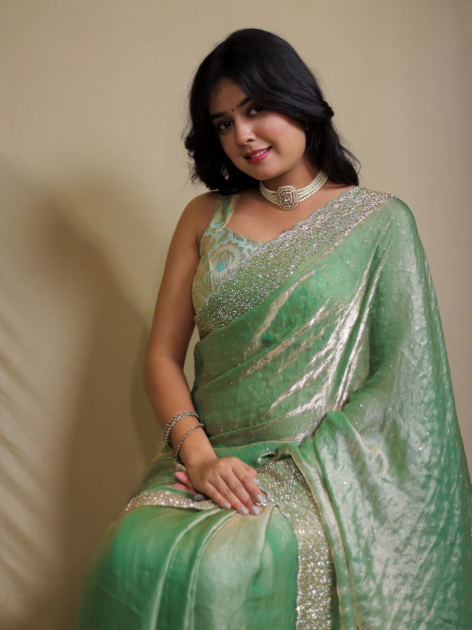 Tissue Sequin Saree - Pastel Green